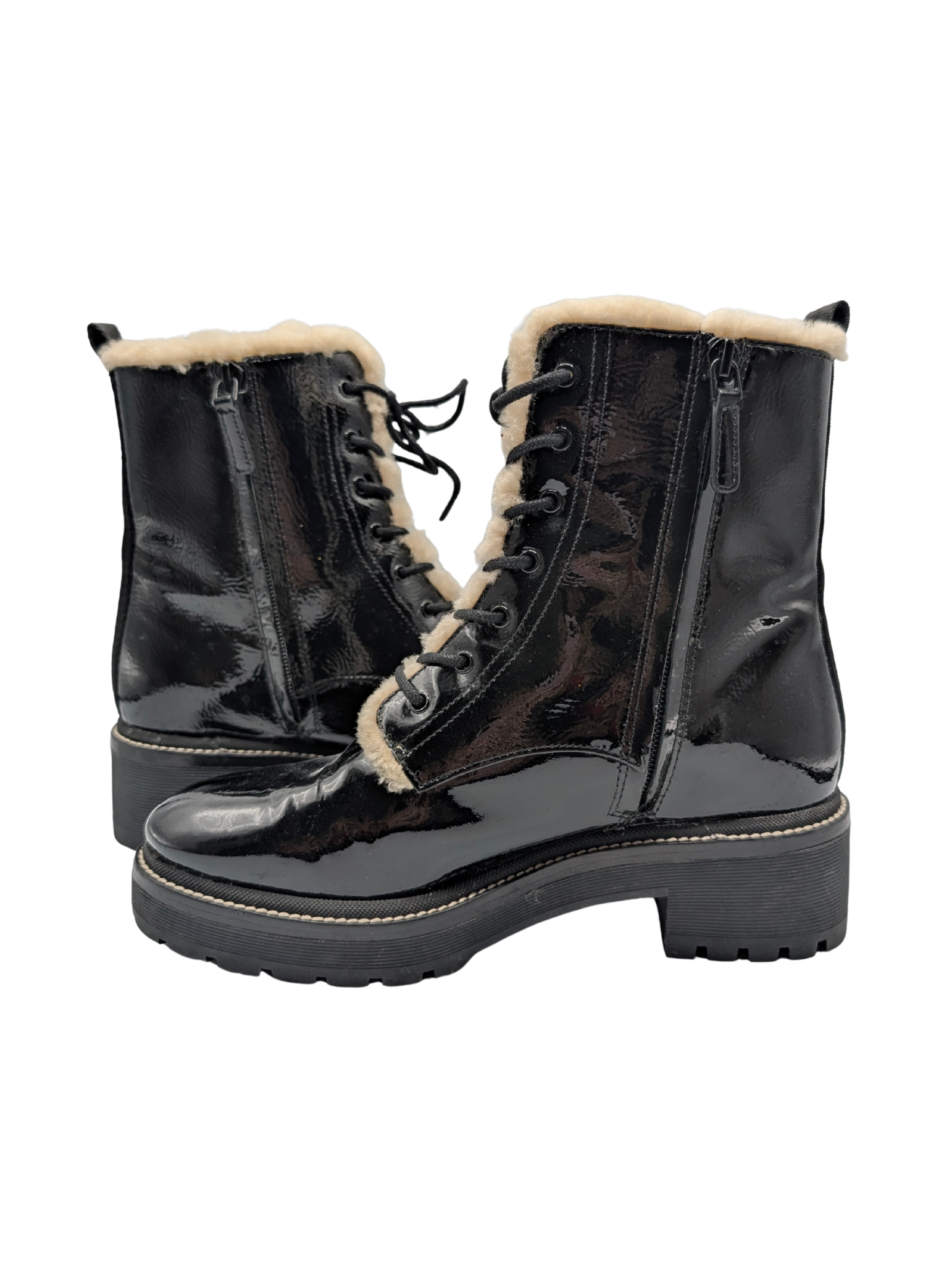 Tory Burch Miller Black Patent Shearling Combat Boots Size 8
