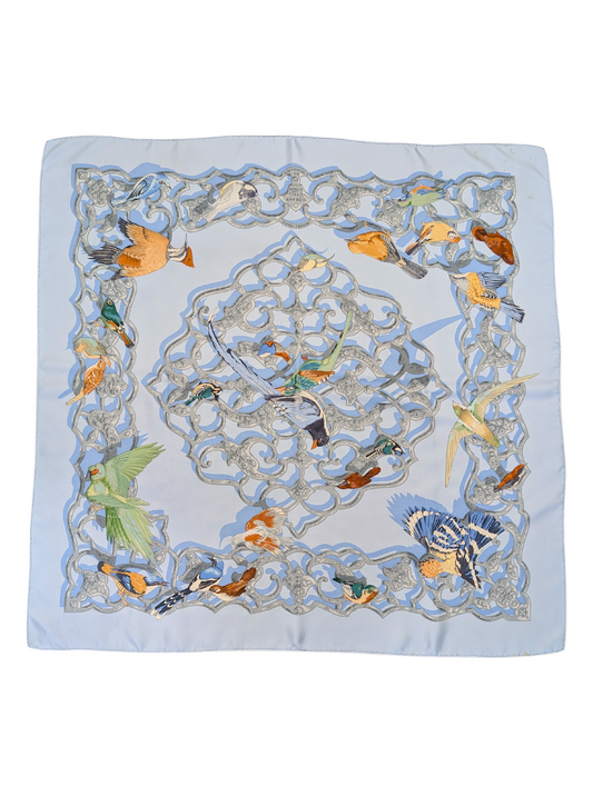 Hermes Blue Birds Oiseaux de L'Inde et de L'Himalaya Silk Scarf 90