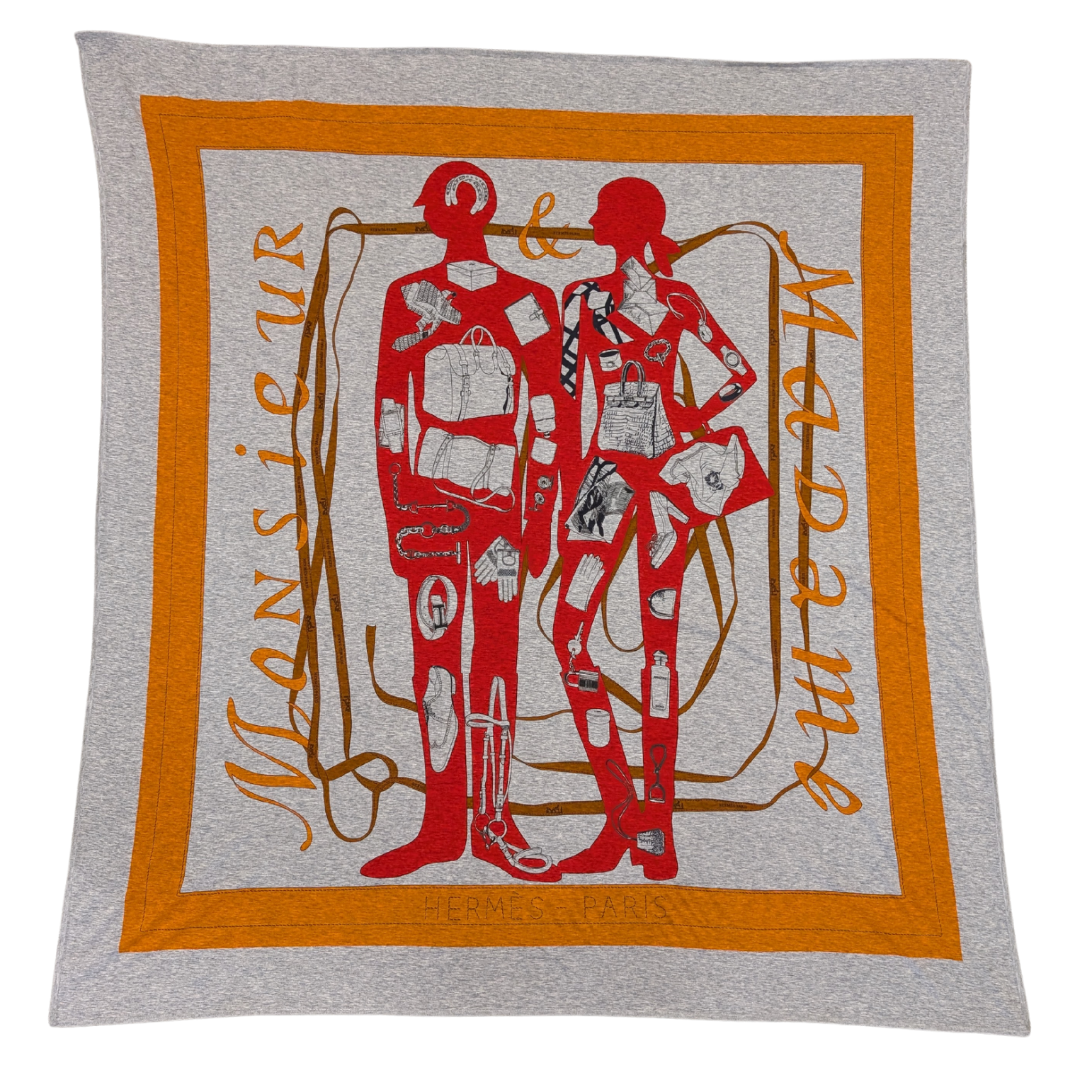 Hermès Monsieur et Madame Gray Orange Jersey Cotton Scarf