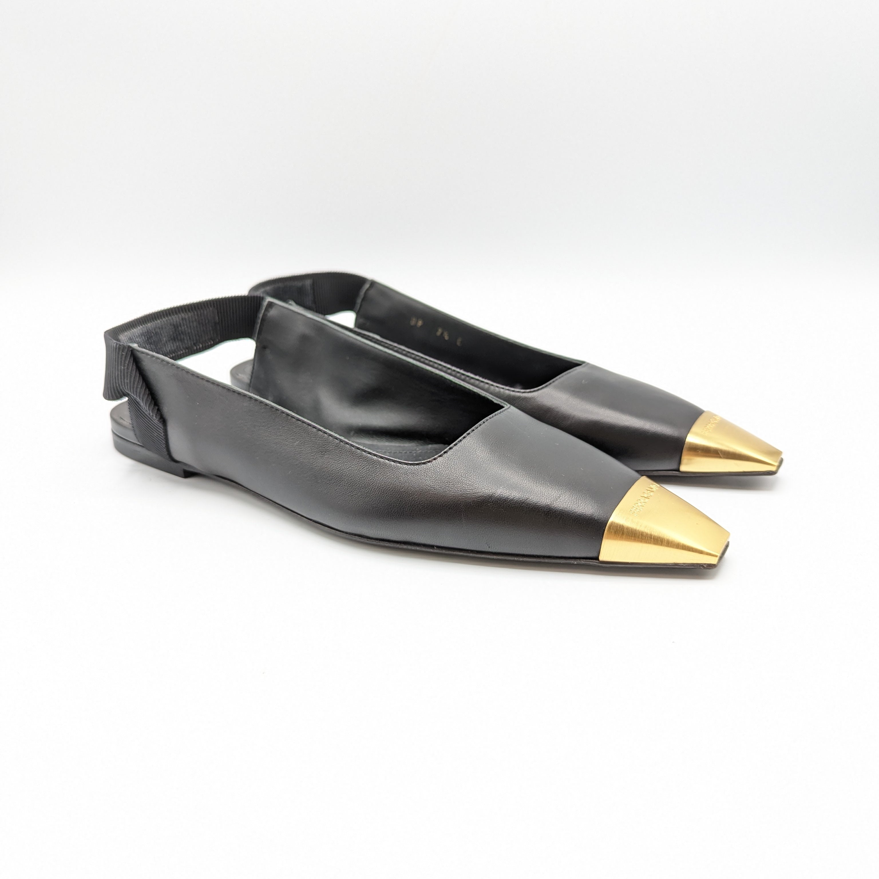 Salvatore Ferragamo Black Leather Gold Toe Cap Alhena Slingback Flats Size 37.5