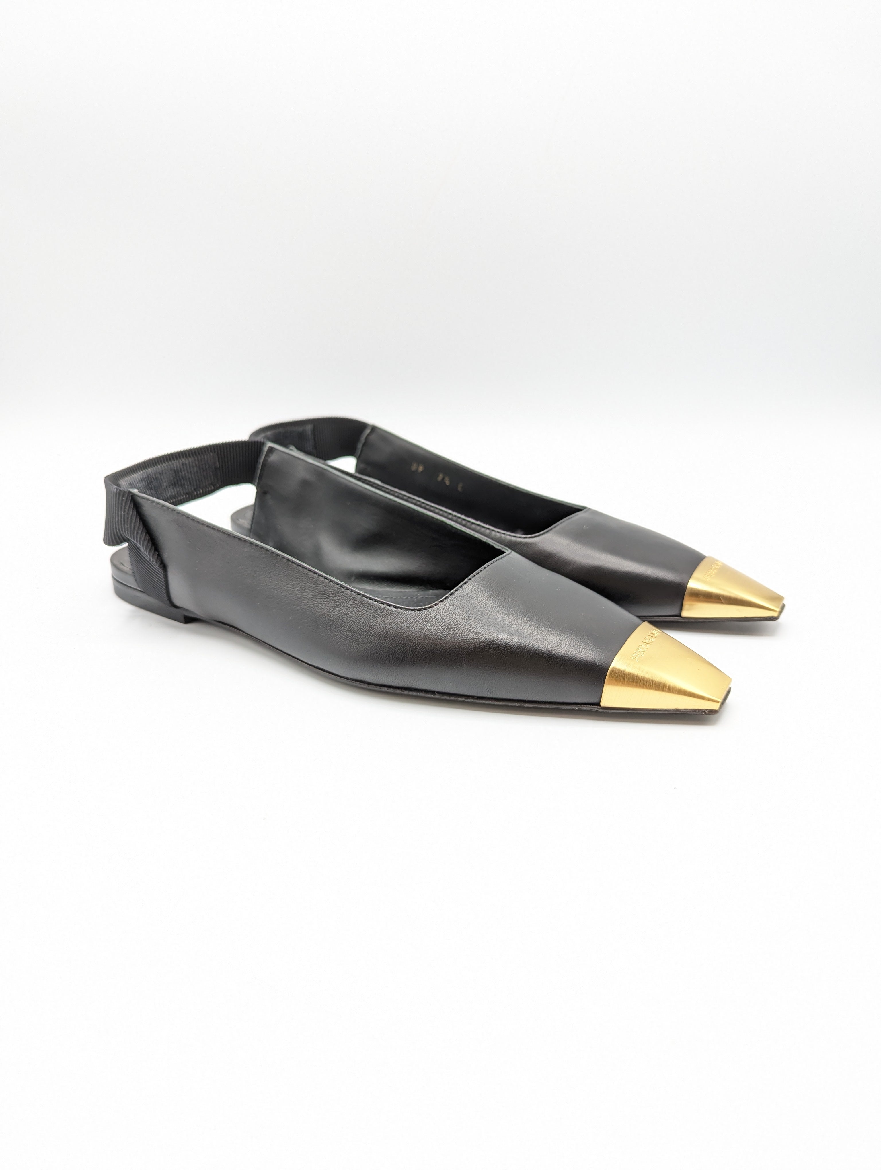 Salvatore Ferragamo Black Leather Gold Toe Cap Alhena Slingback Flats Size 37.5
