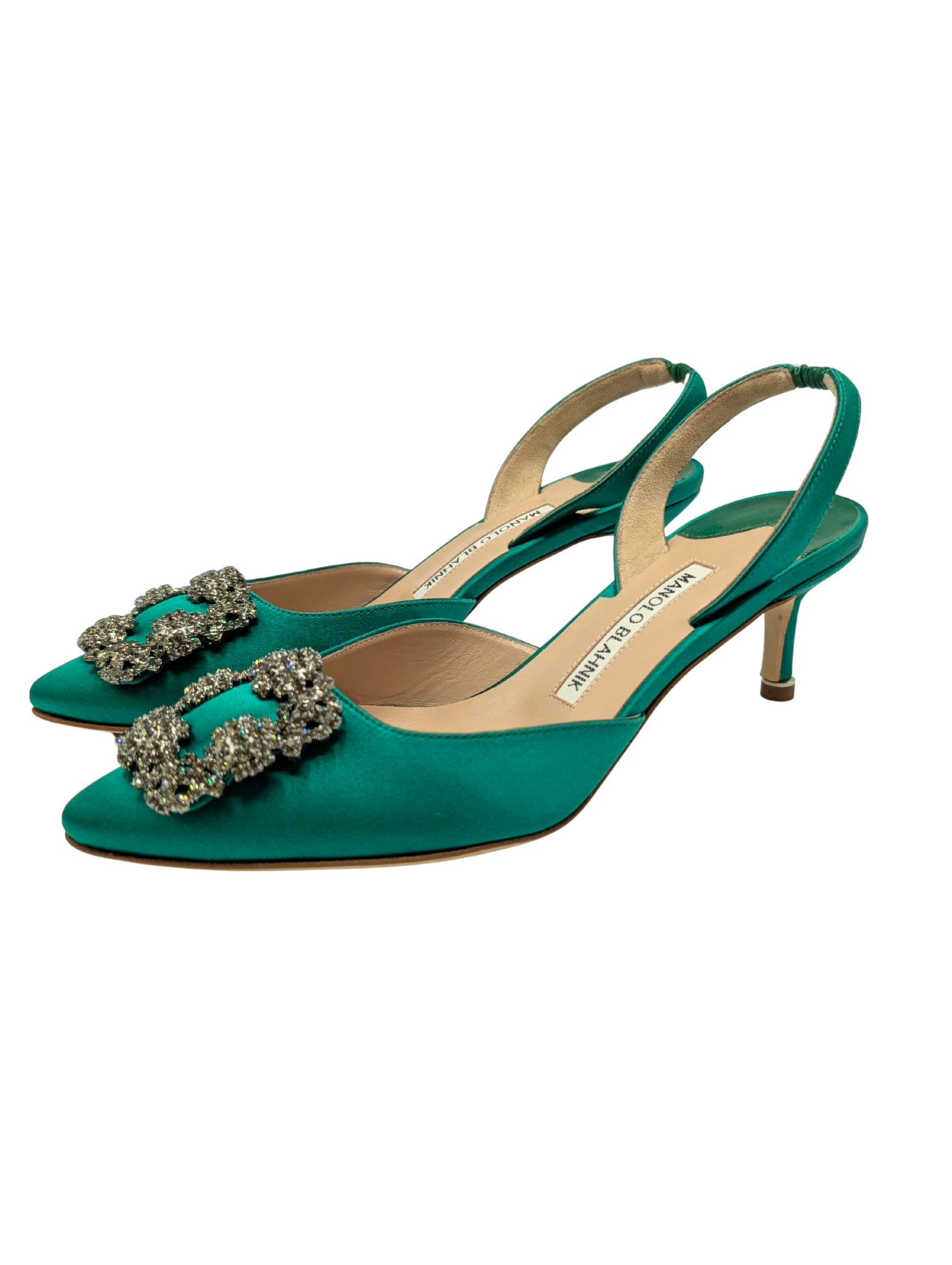 Manolo Blahnik Green Satin Hangisi 50 Slingback Pumps Size 37