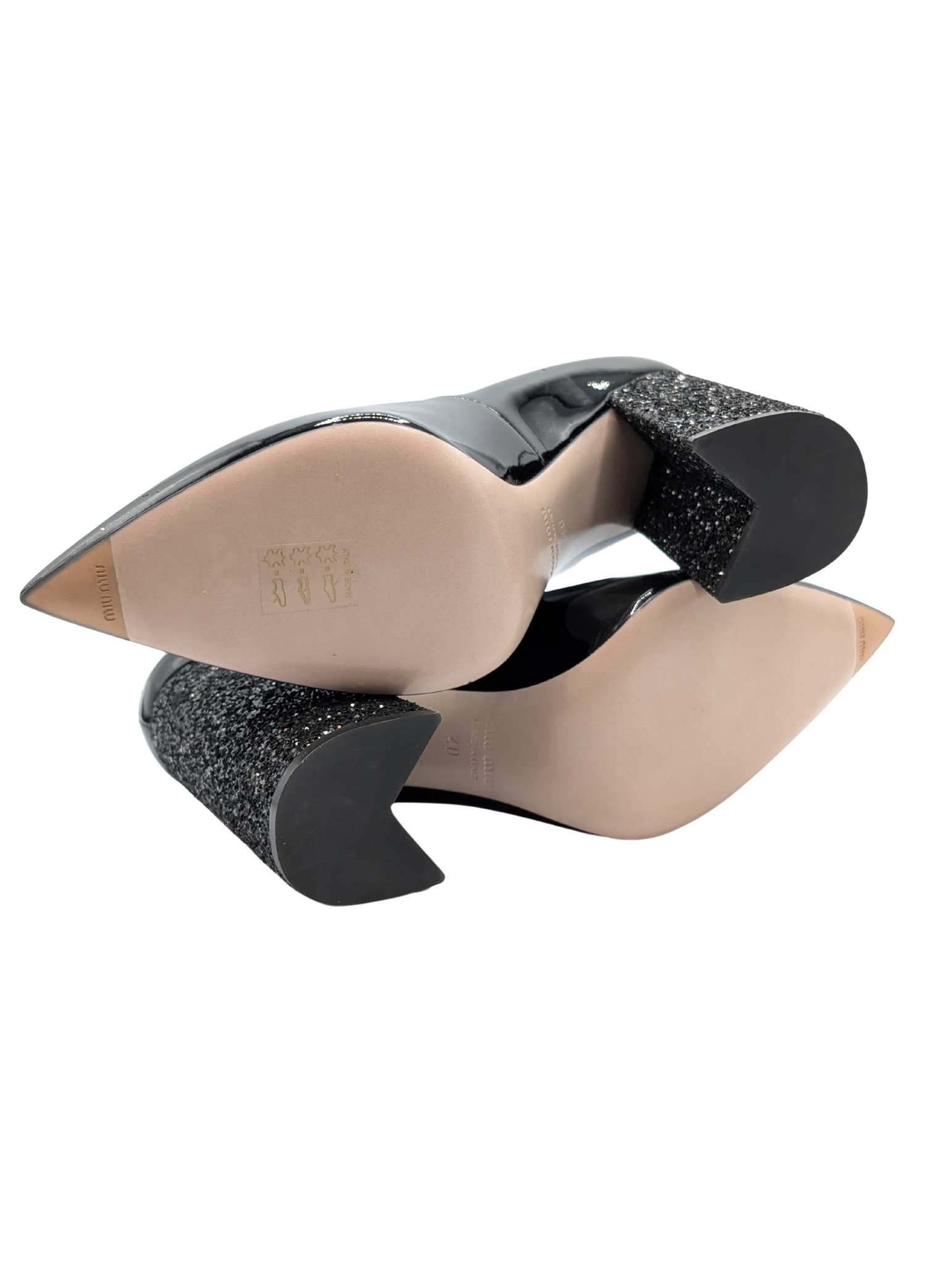 Miu Miu Black Patent Glitter Block Heel Pumps Size 40