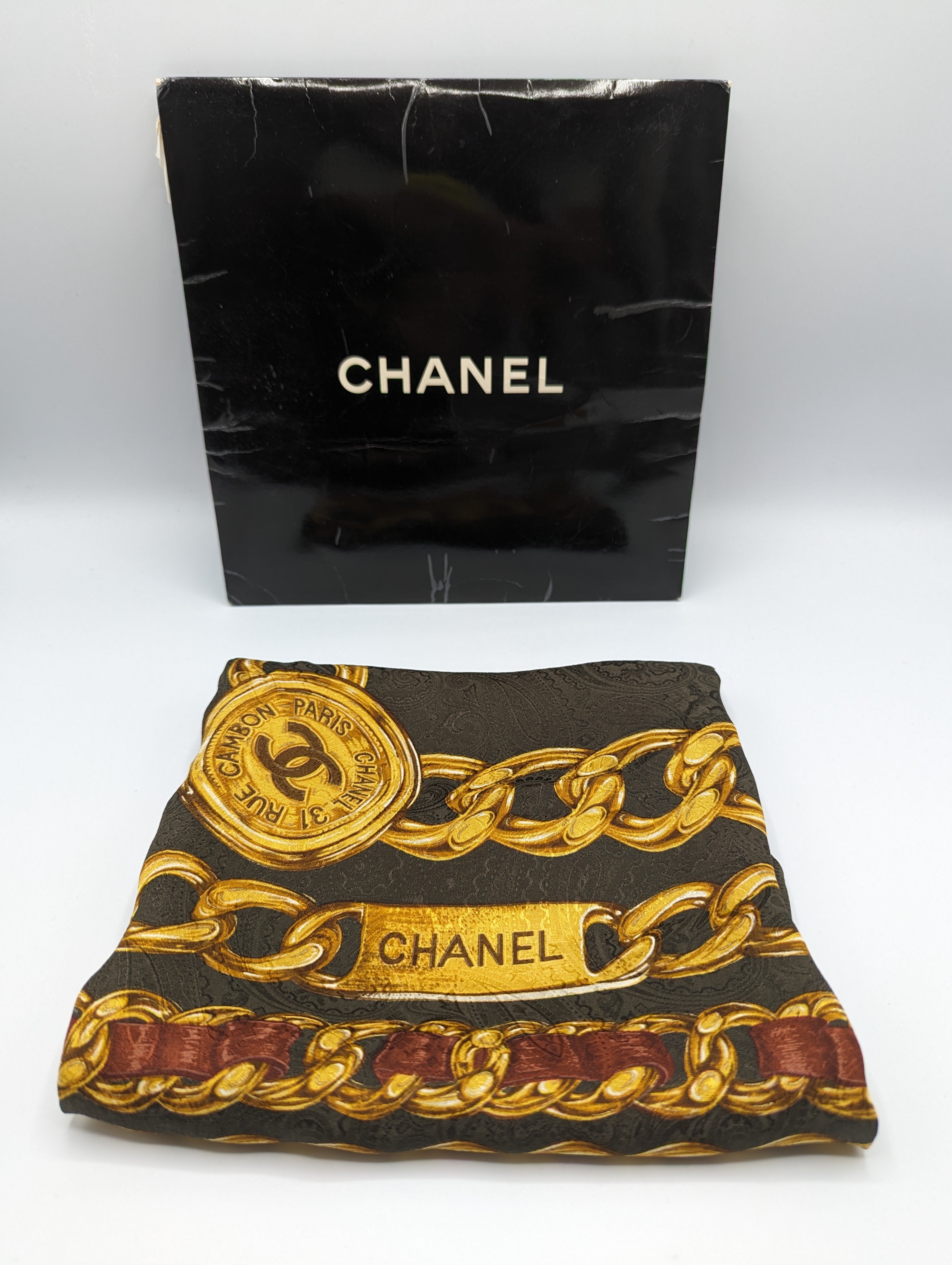 NWT Chanel Brown Paisley Gold Chain Silk Scarf