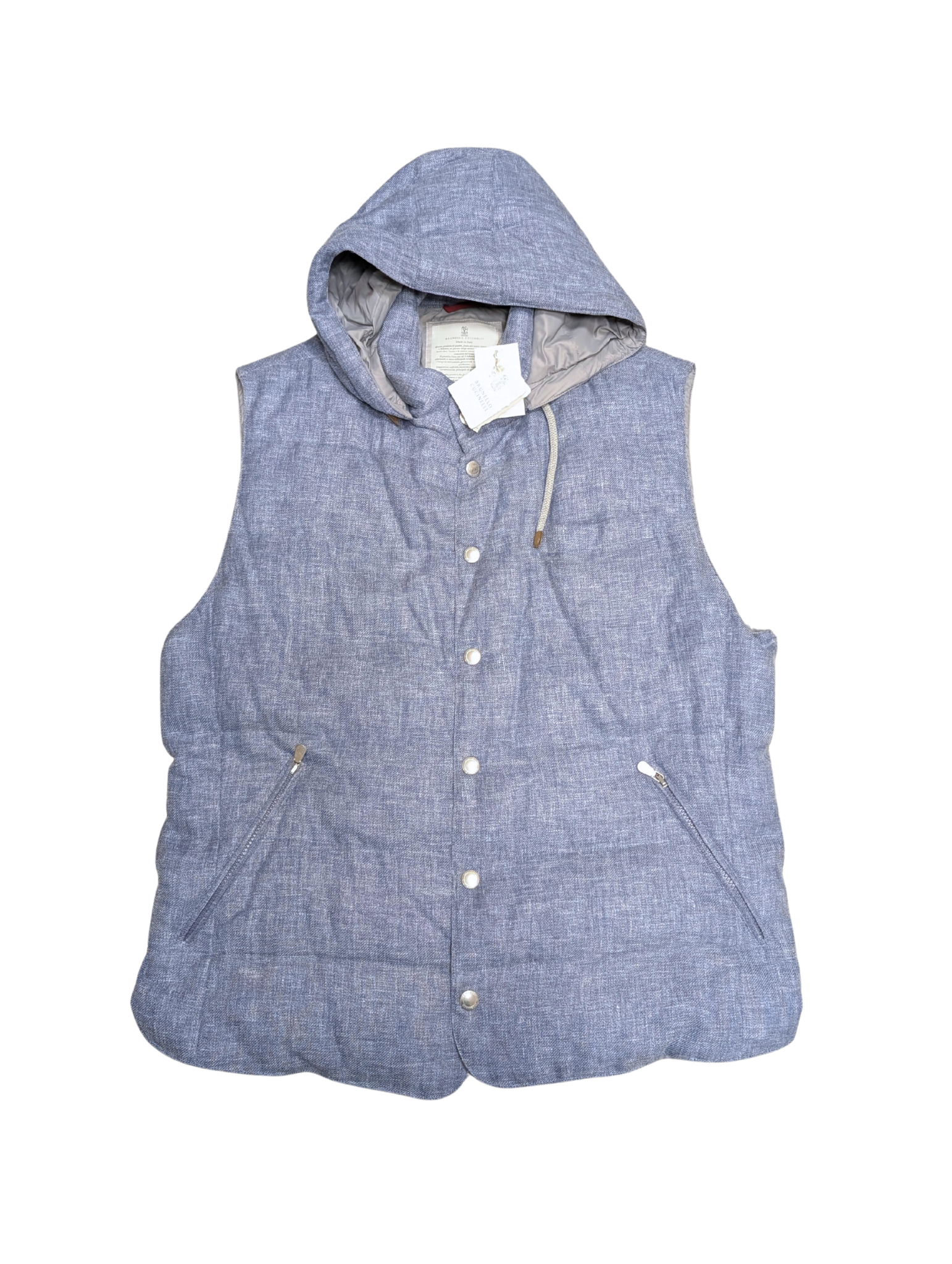 NWT Brunello Cucinelli Blue Linen Wool Silk Blend Down Hooded Vest Mens Size XXL