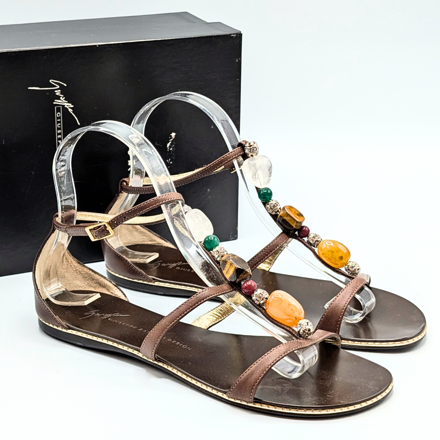 Giuseppe Zanotti Brown Gild Gemstone Jewel Sandals Size 7
