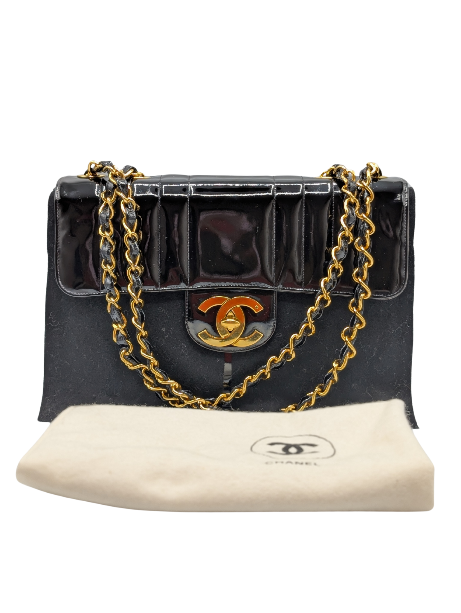 Chanel Black Patent GHW Vertical Quilt Jumbo Flap 1994