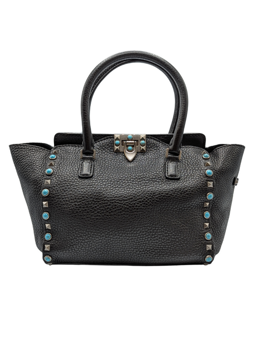 Valentino Garavani Black Leather Turquoise Rolling Rockstud Mini