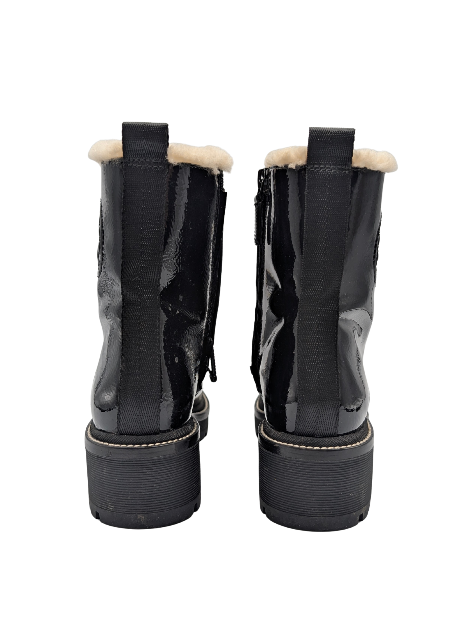 Tory Burch Miller Black Patent Shearling Combat Boots Size 8
