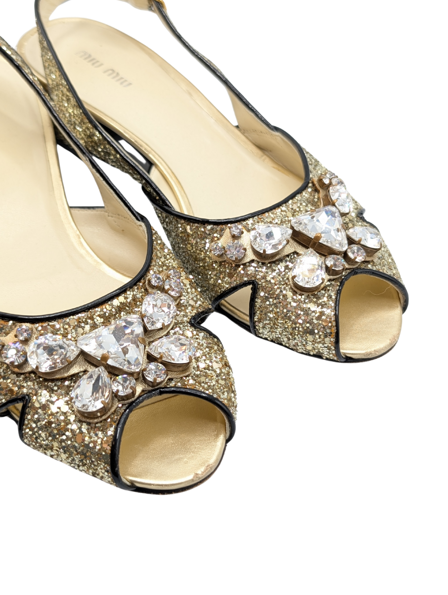 Miu Miu Gold Glitter Crystal Slingback Sandals Size 40