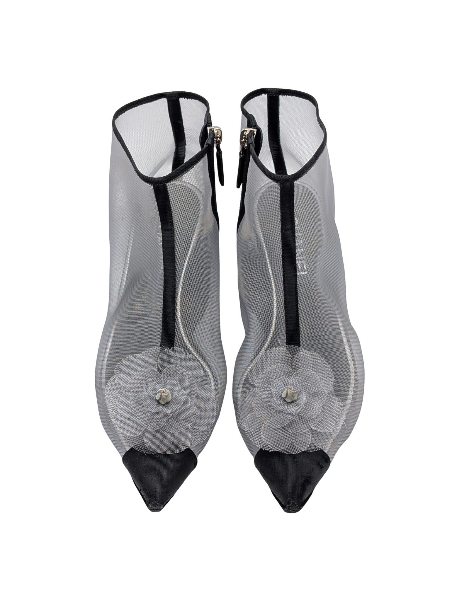 Chanel Mesh Grosgain Camellia Ankle Booties Size 40.5C