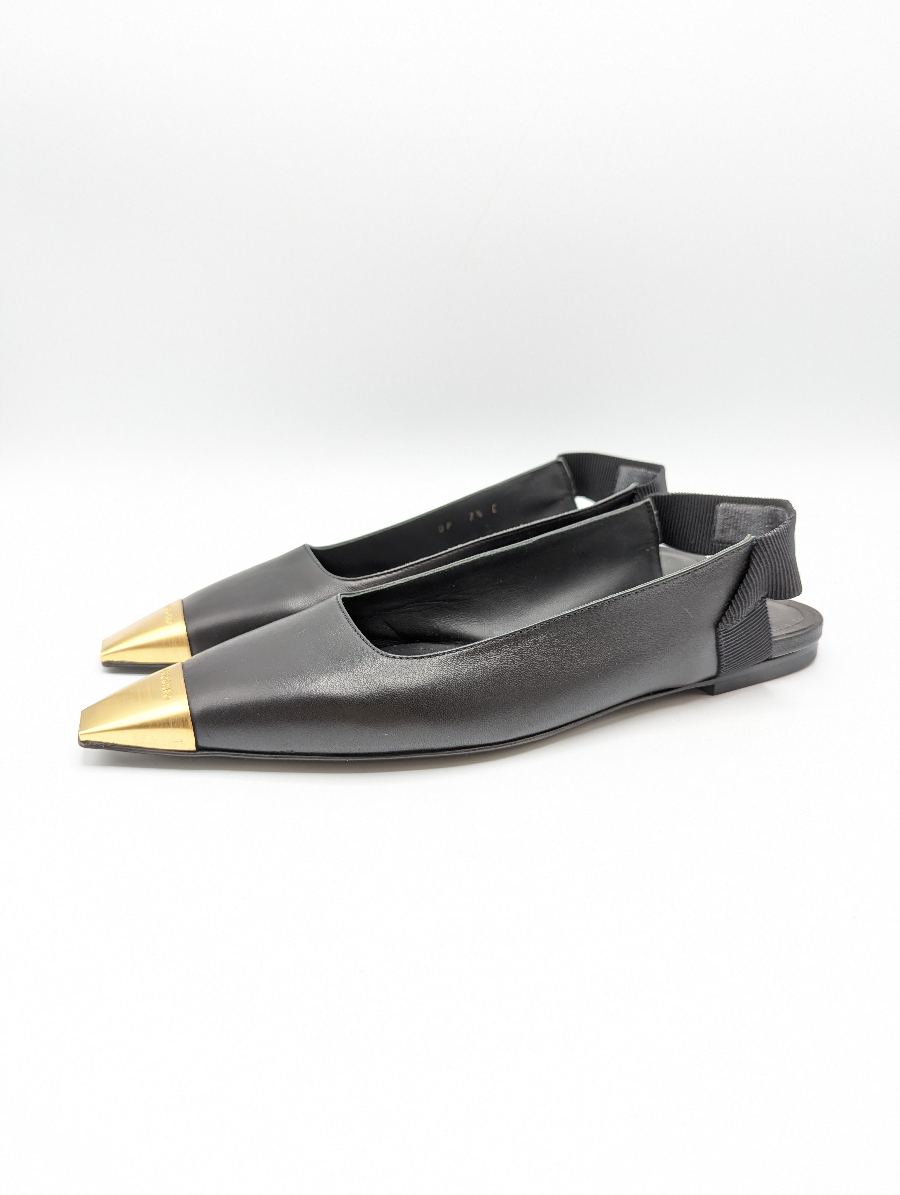 Salvatore Ferragamo Black Leather Gold Toe Cap Alhena Slingback Flats Size 37.5