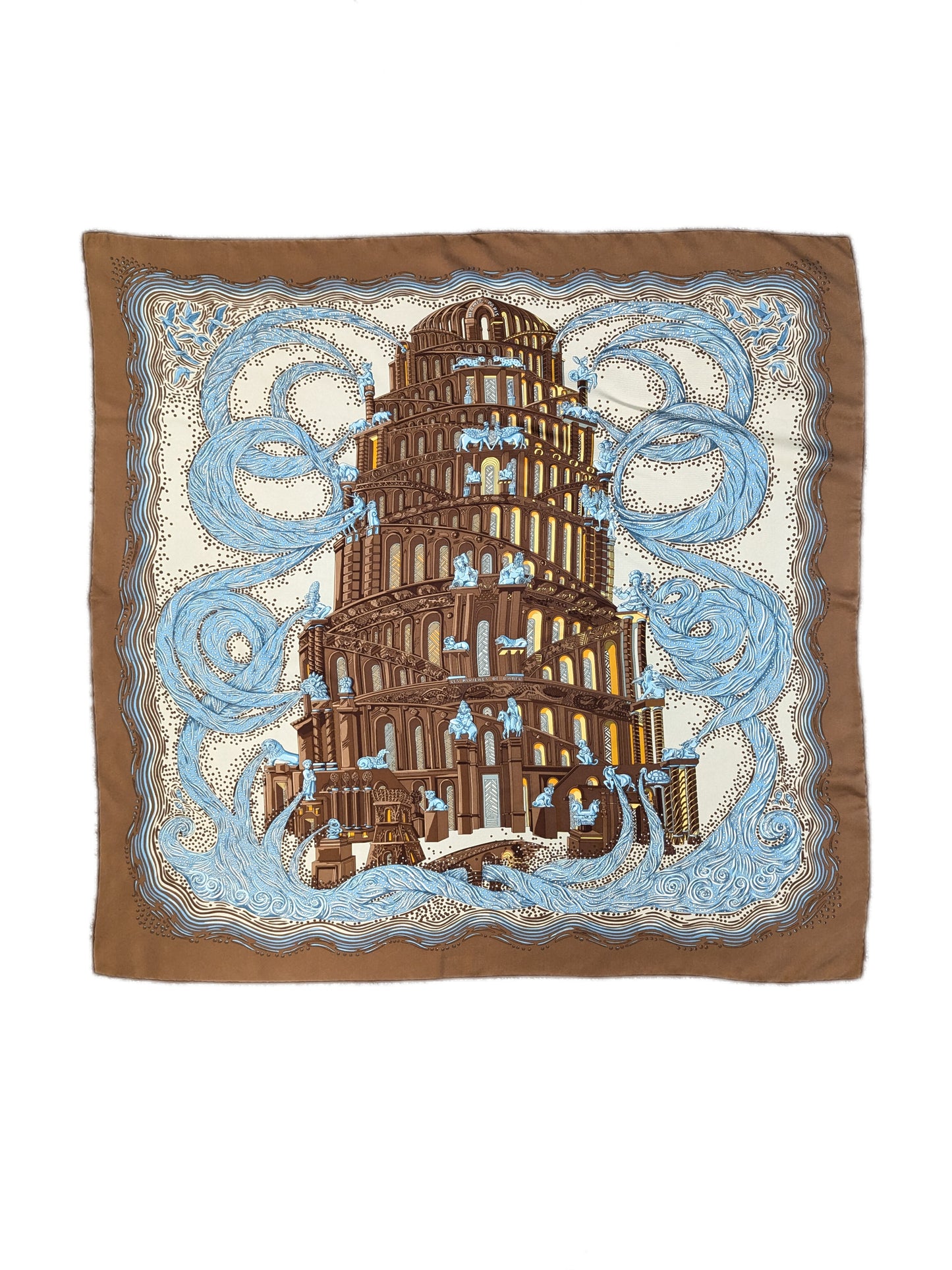 Hermès Les Revieres de Babel Brown Blue Silk Scarf 90cm