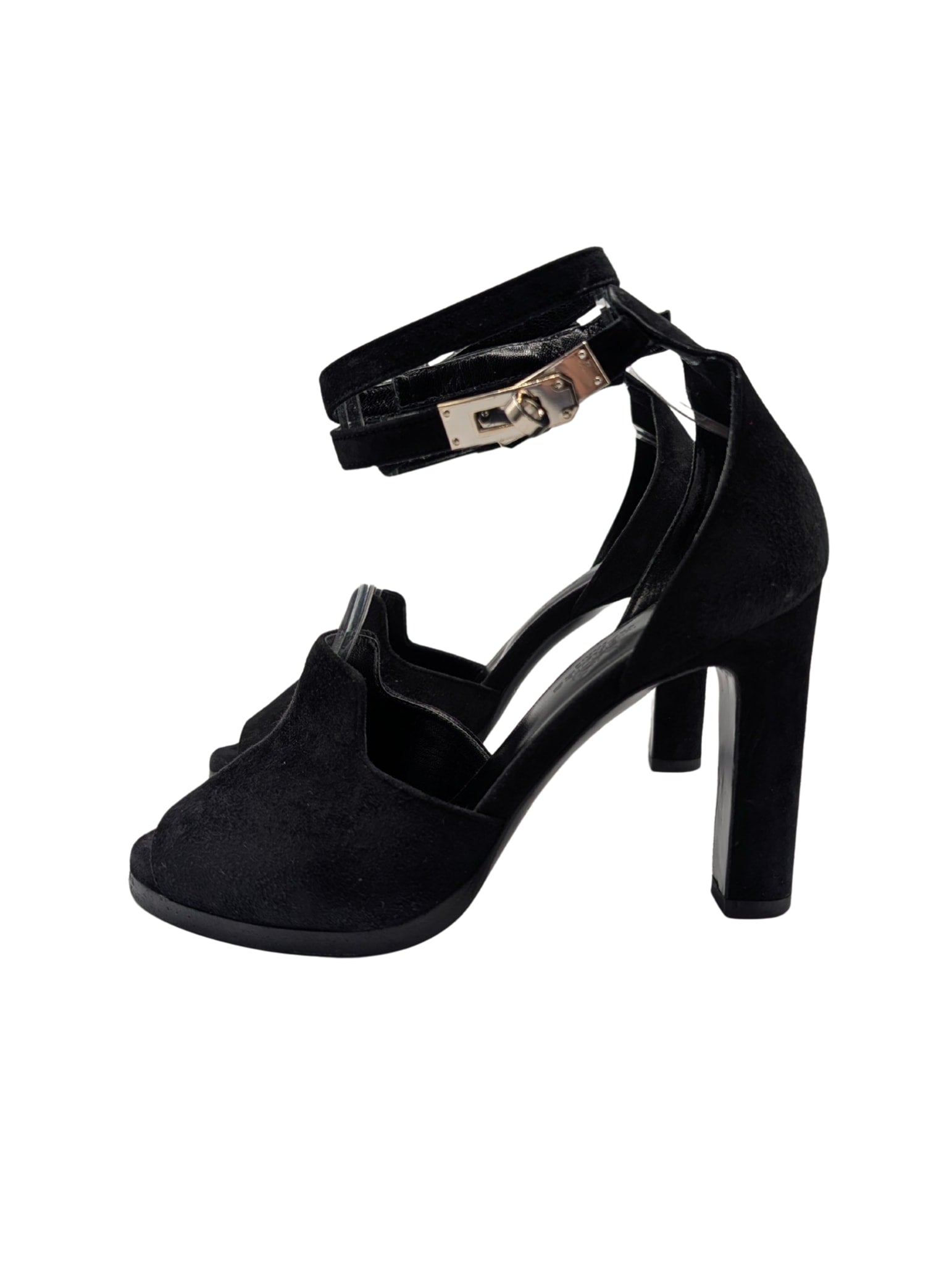 Hermes Black Suede Nina D'Orsay Kelly Lock Heels Size 36