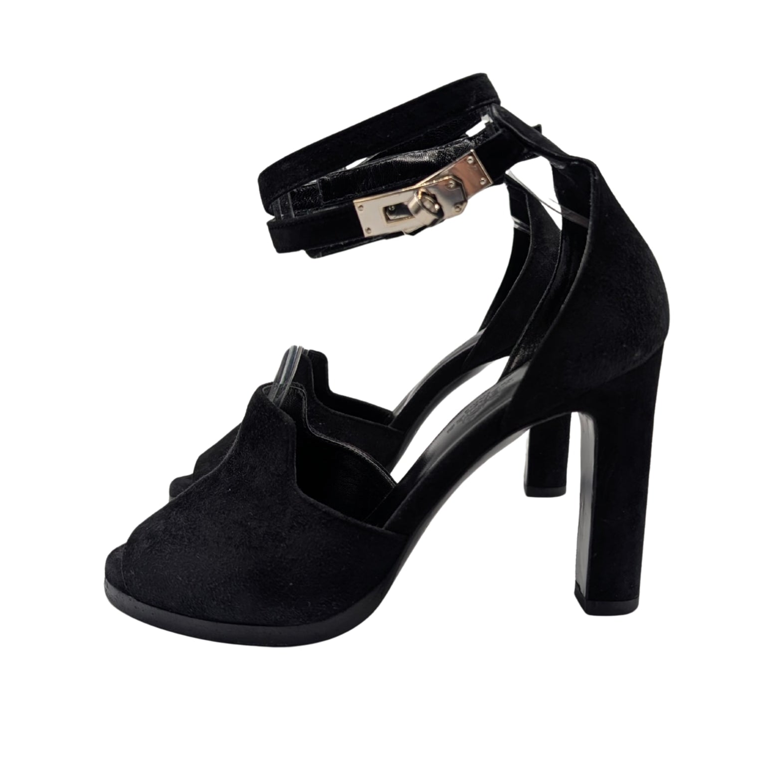 Hermes Black Suede Nina D'Orsay Kelly Lock Heels Size 36