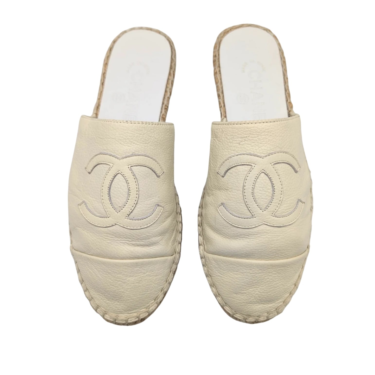 Chanel Cream Leather Espadrille Mules Size 37