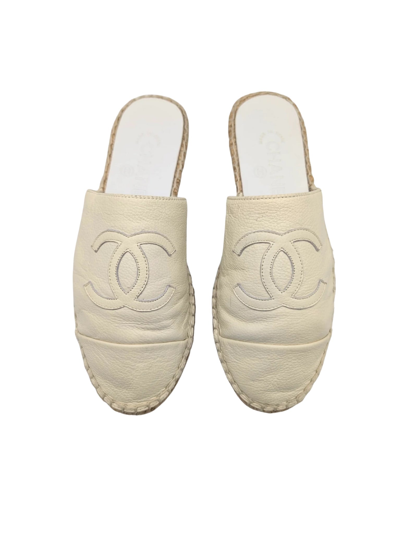 Chanel Cream Leather Espadrille Mules Size 37