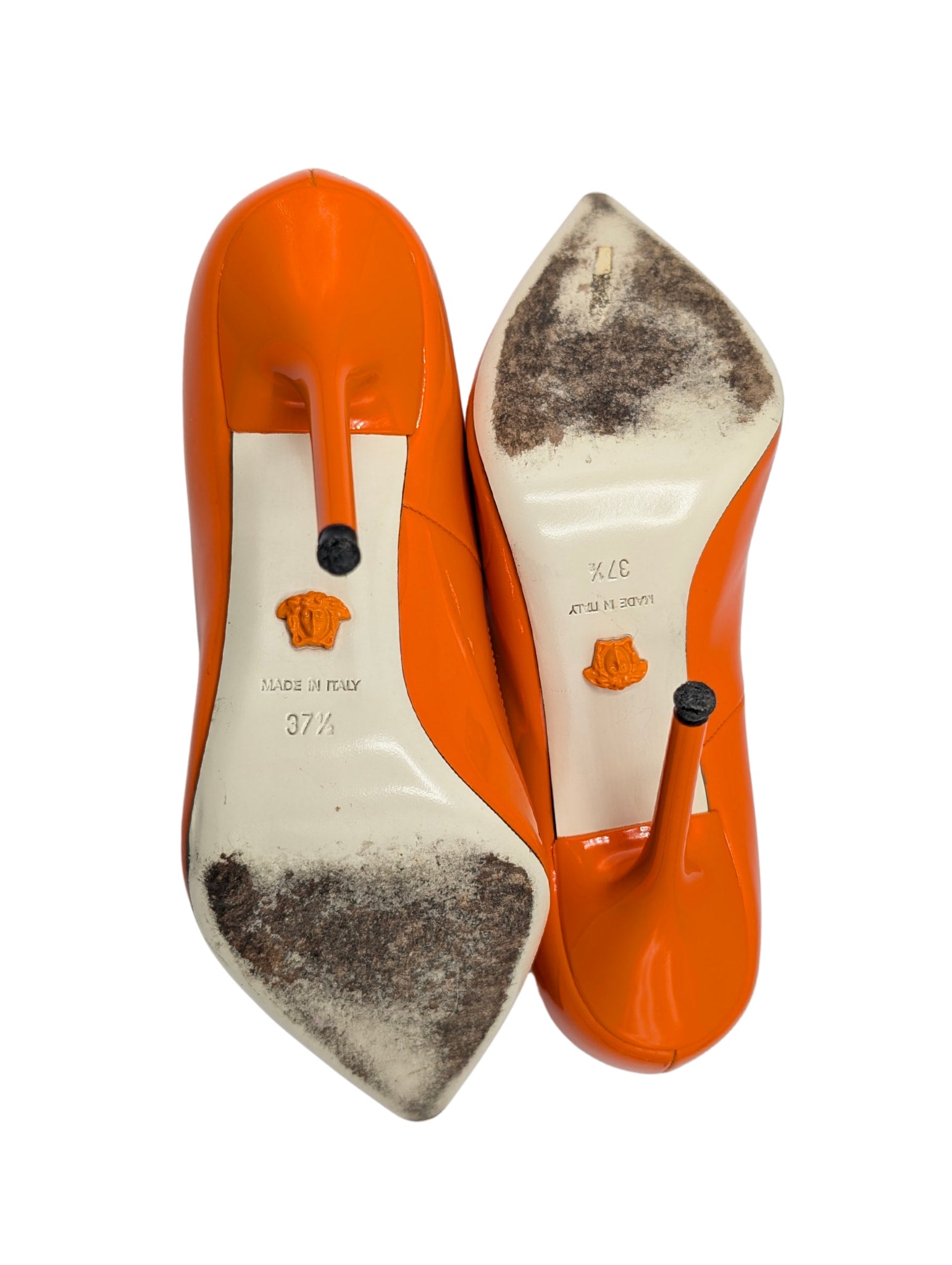 Versace Orange Patent La Medusa Pointed Pumps Size 37.5 Spring 2021