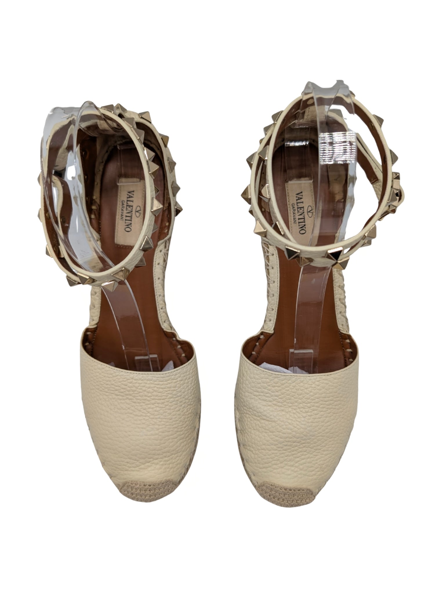 Valentino Garavani Cream Leather Rockstud Espadrille Wedges Size 38