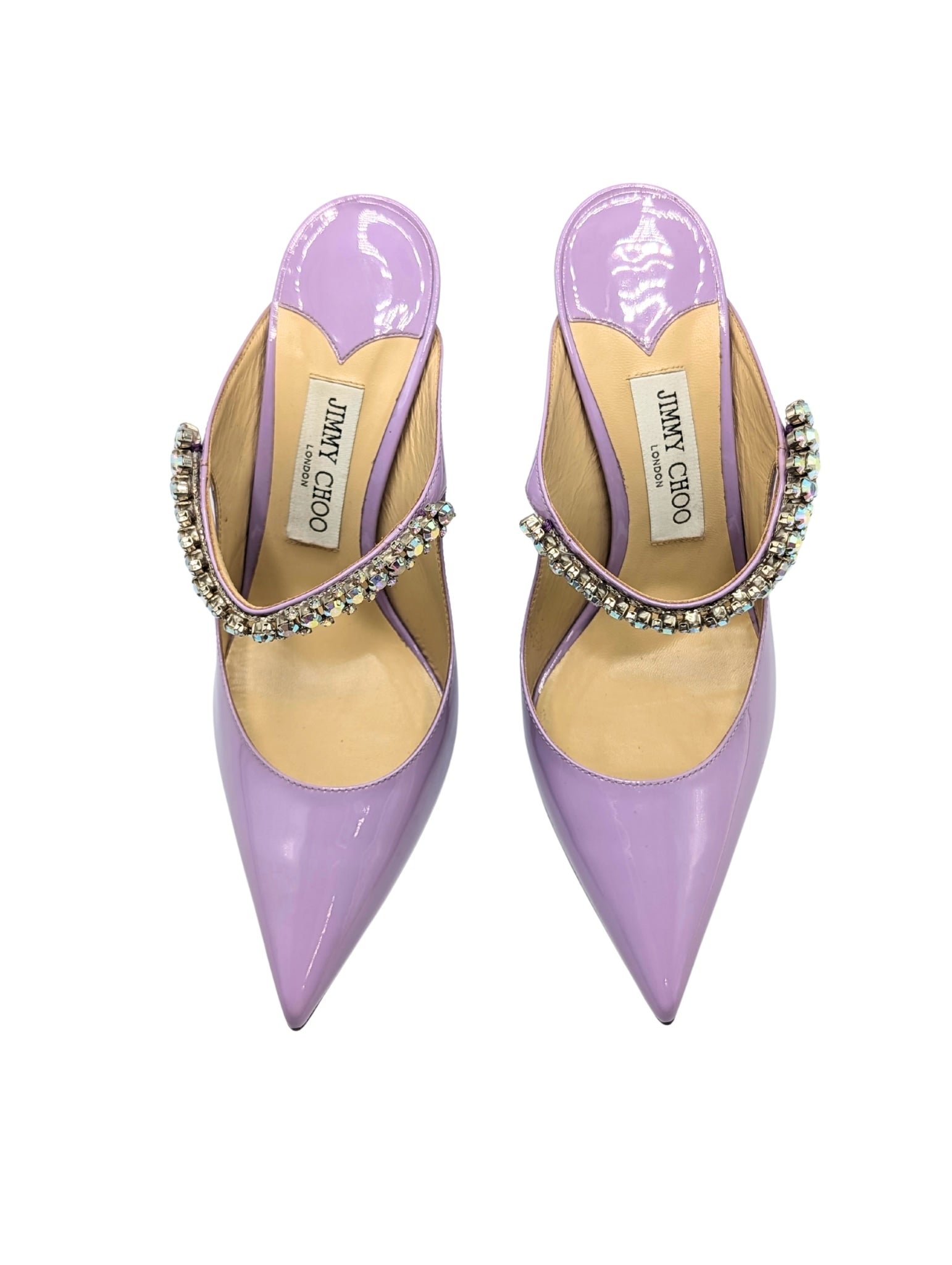 Jimmy Choo Bing 100 Patent Lilac Crystal Pointed Mule Heels Size 38
