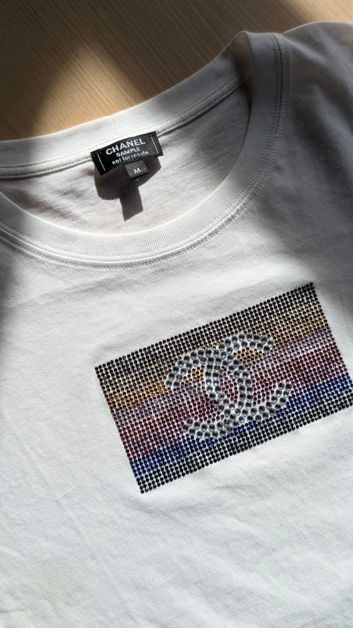 Chanel Cruise 2024 Multicolor Swarovski Crystal CC White T-Shirt Size Medium