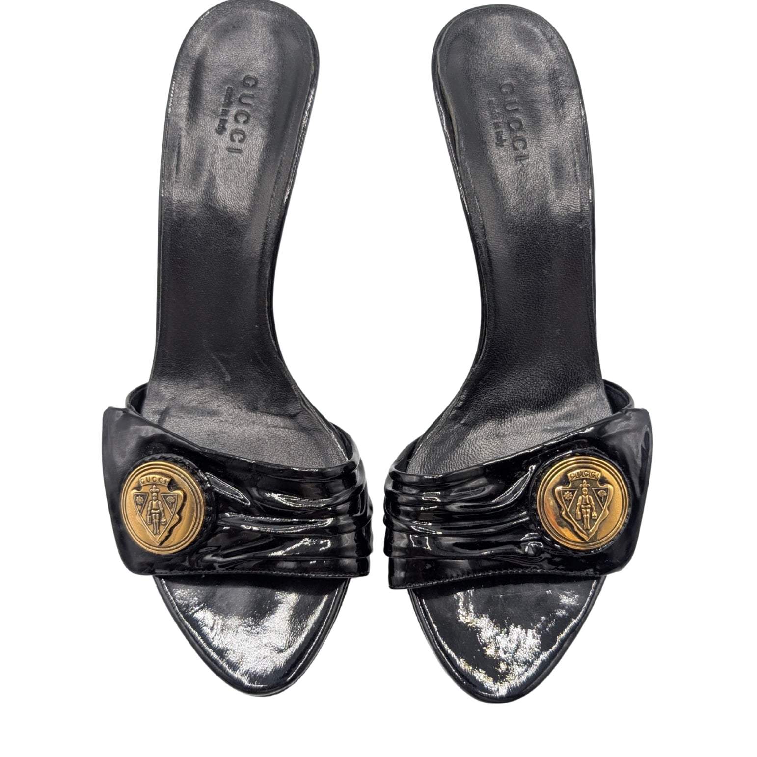 Gucci Black Patent Gold Hysteria Mule Sandals Size 7.5