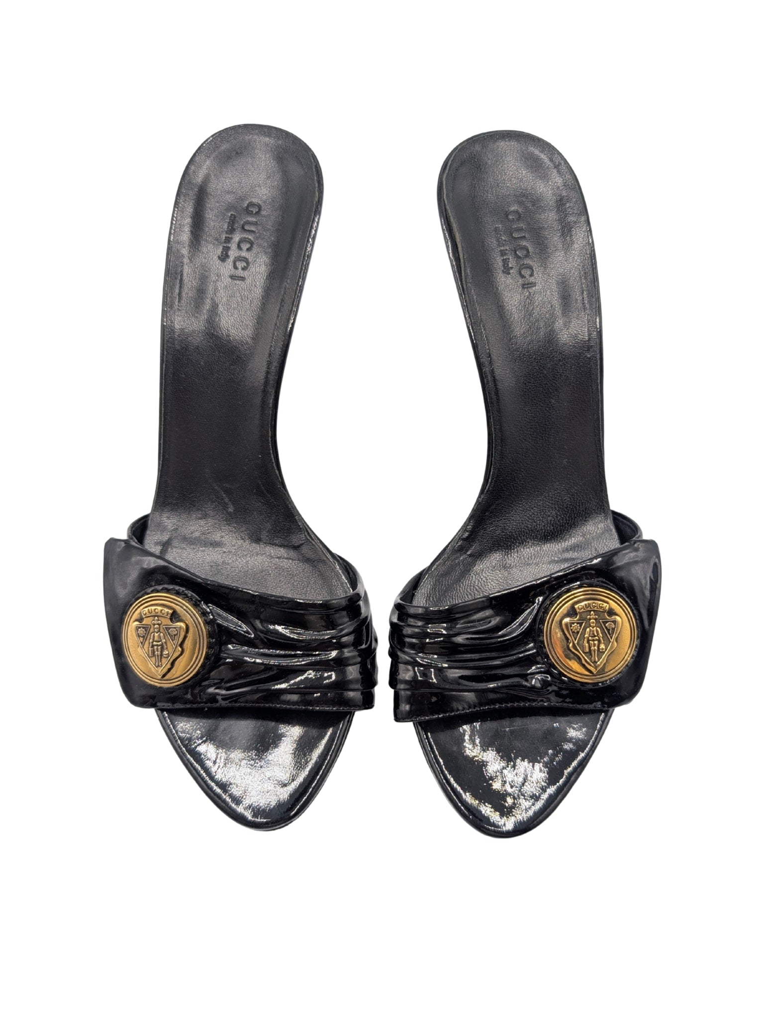 Gucci Black Patent Gold Hysteria Mule Sandals Size 7.5