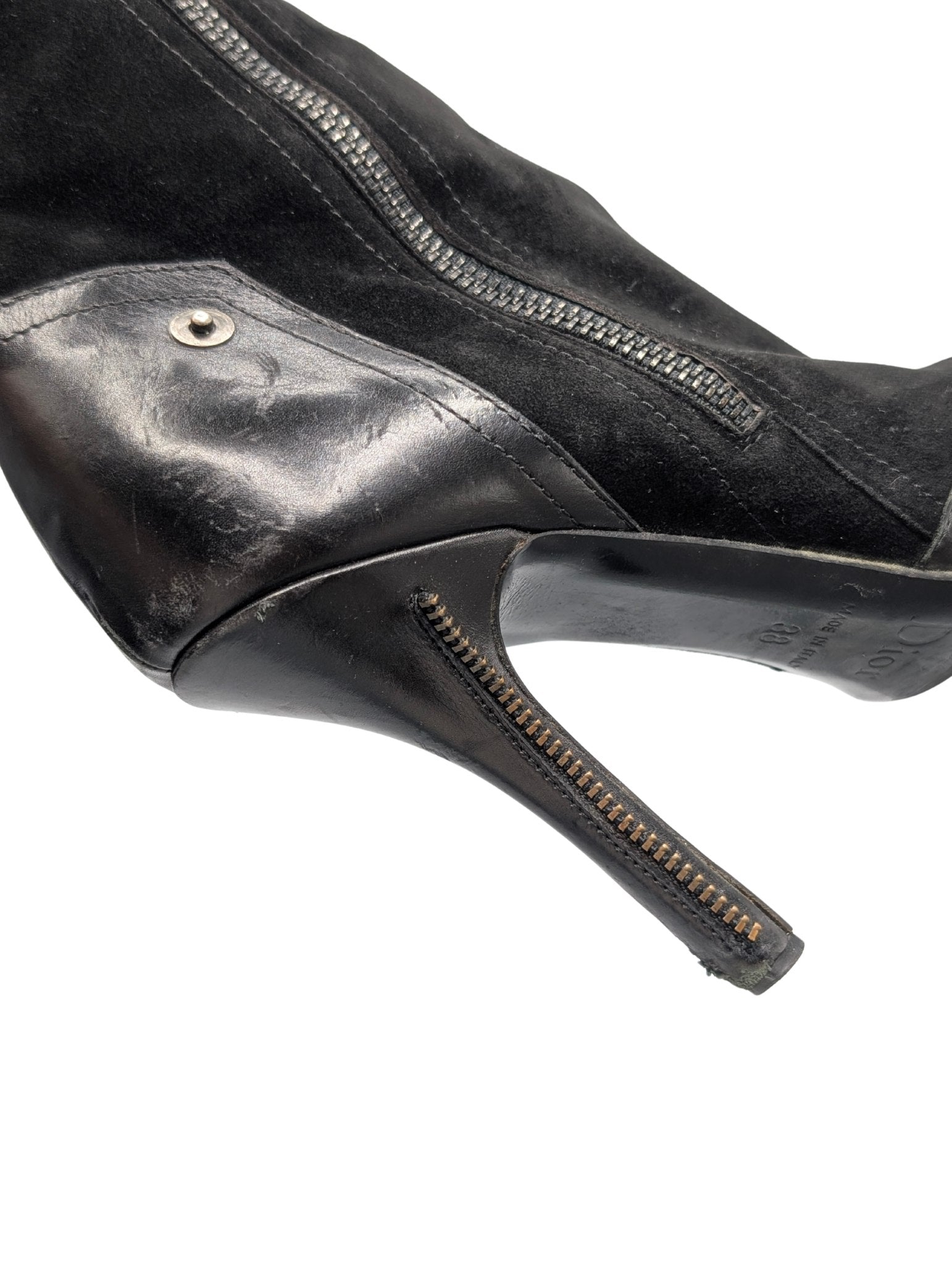 Christian Dior Black Suede Zipper Knee High Boots Y2K Galliano Size 38