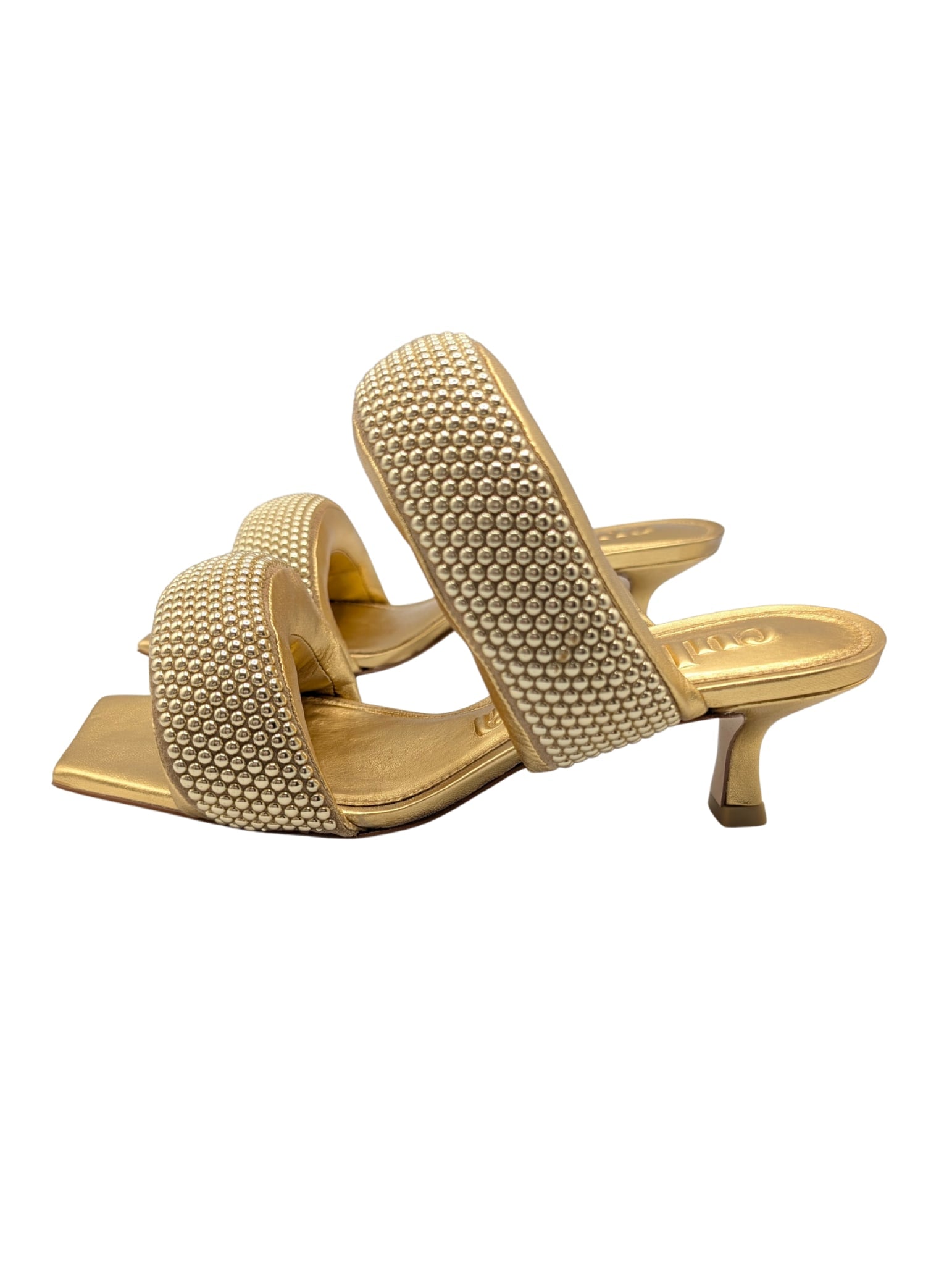 Cult Gaia Rue Studded Padded Gold Leather Sandal Mules Kitten Heel Size 37.5