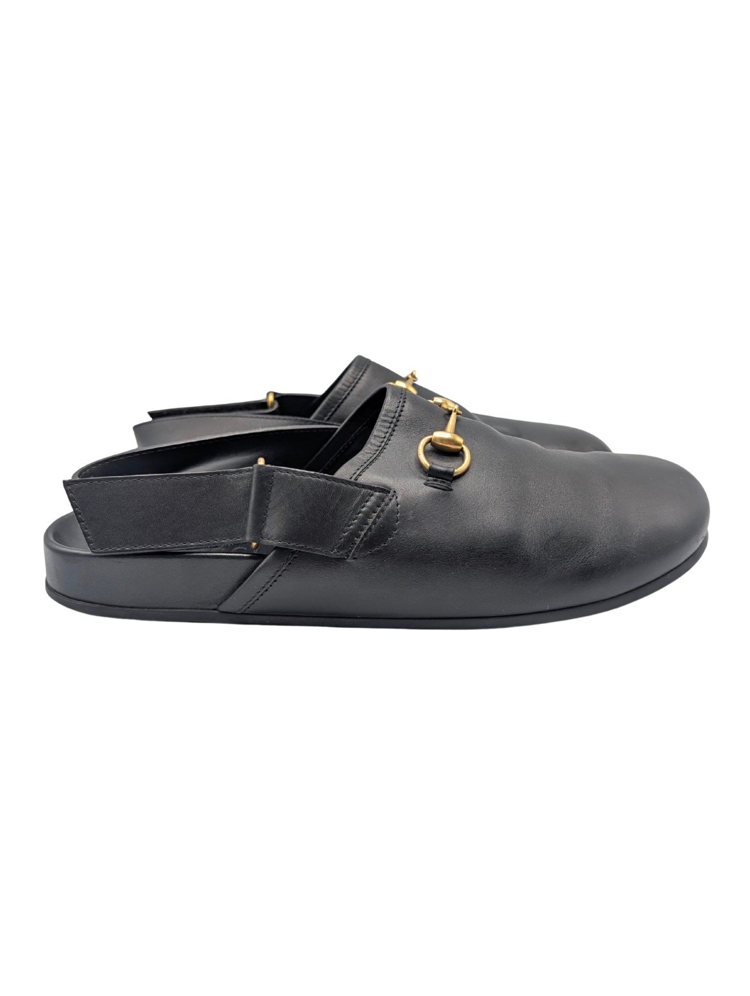Gucci Black Leather River Horsebit Slingback Mules Men Size 10