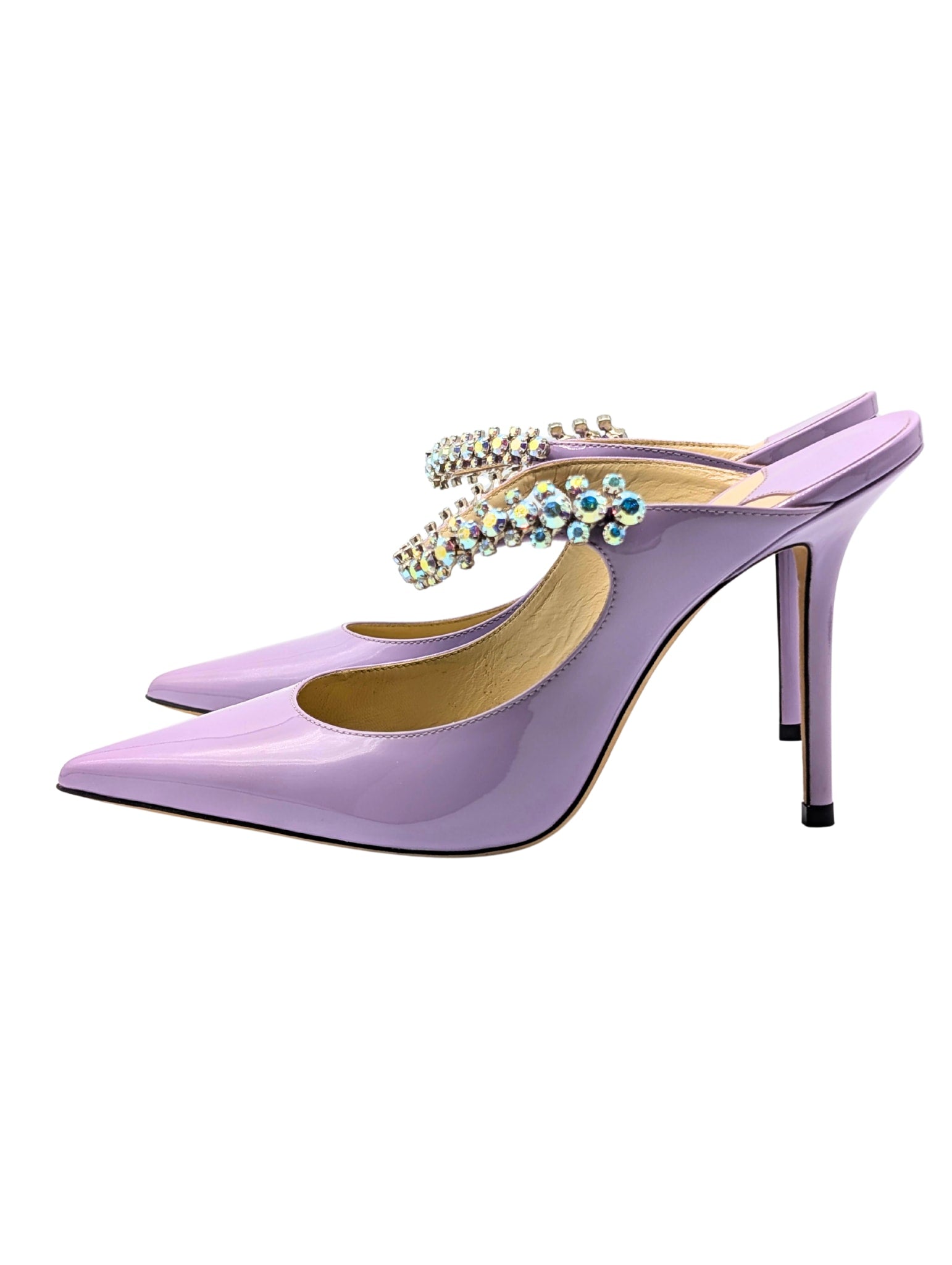 Jimmy Choo Bing 100 Patent Lilac Crystal Pointed Mule Heels Size 38