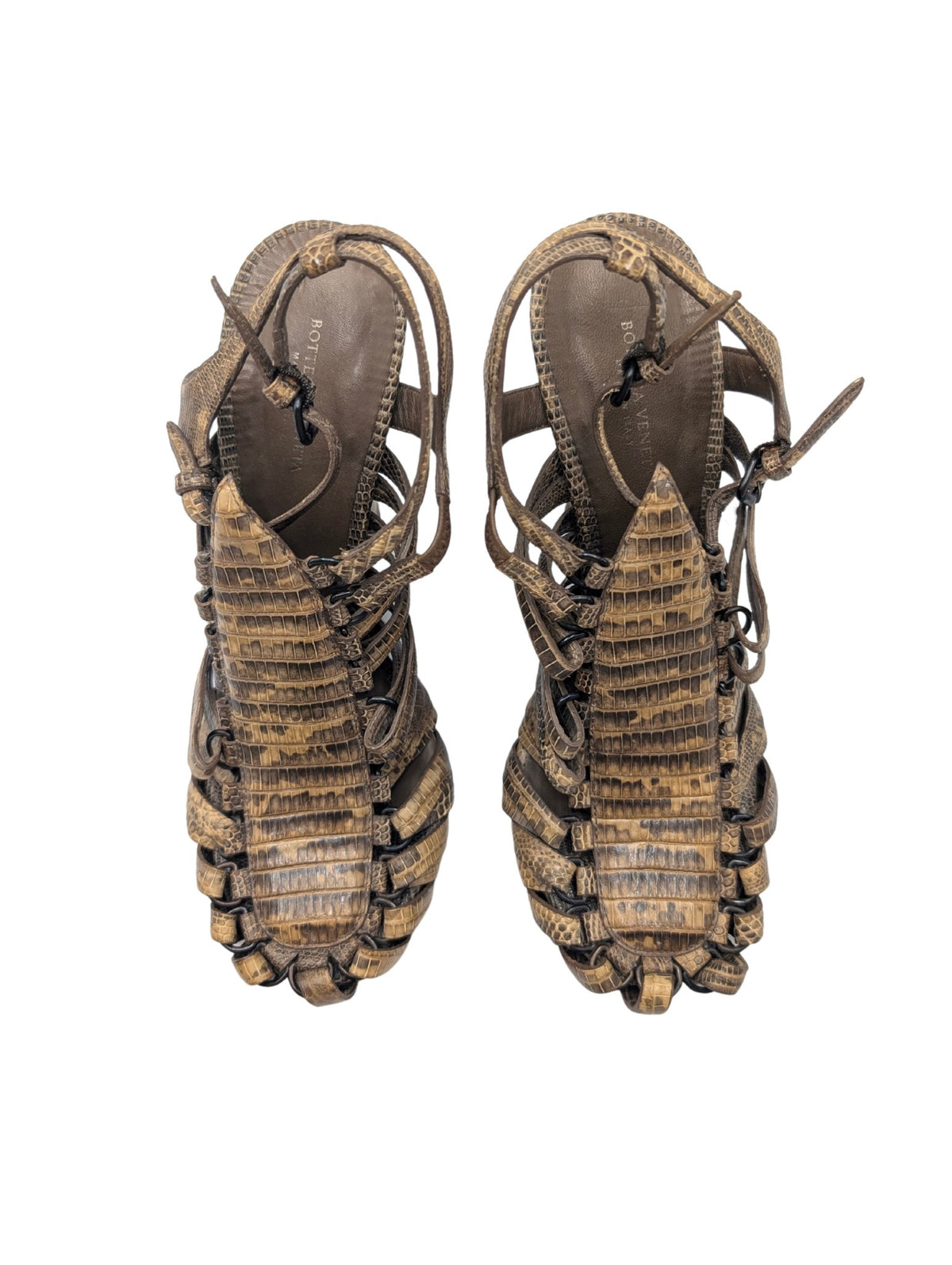 Bottega Veneta Lizard Skin Gladiator Strappy Wedge Sandals Size 36