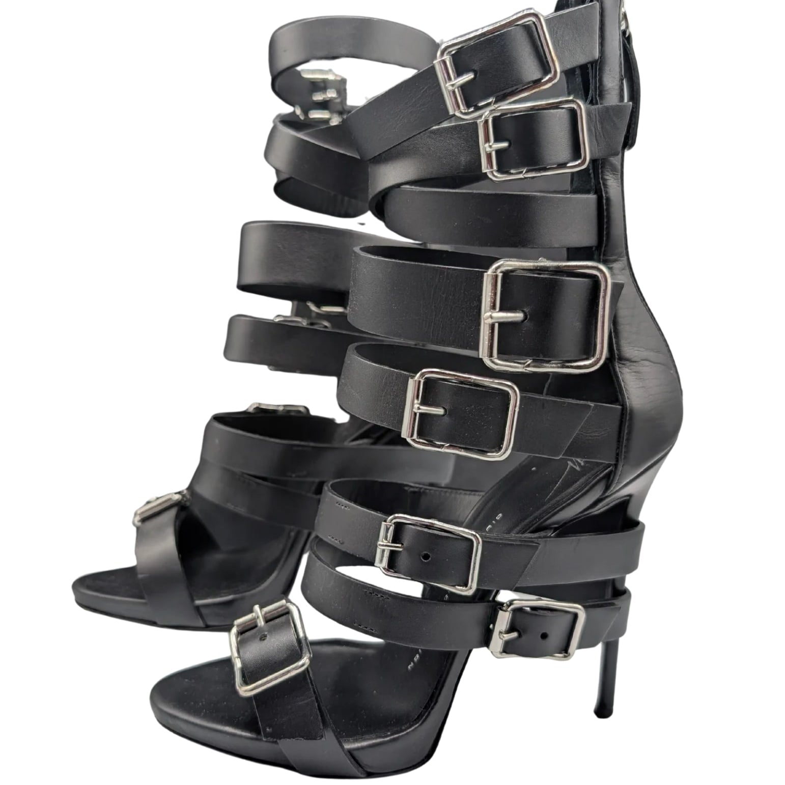 Giuseppe Zanotti Black Leather Coline Buckle Gladiator Heels 110 Size 38