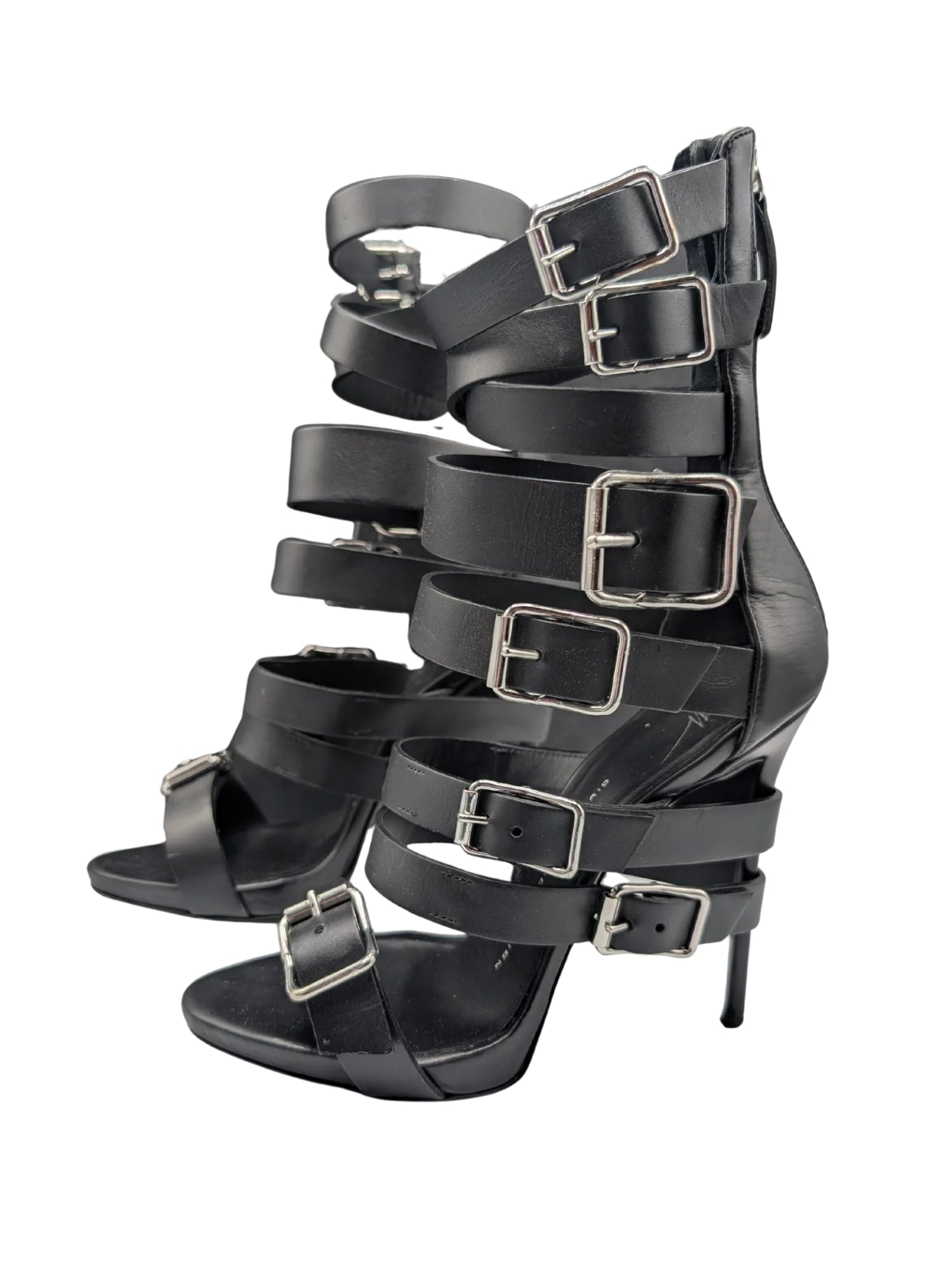 Giuseppe Zanotti Black Leather Coline Buckle Gladiator Heels 110 Size 38