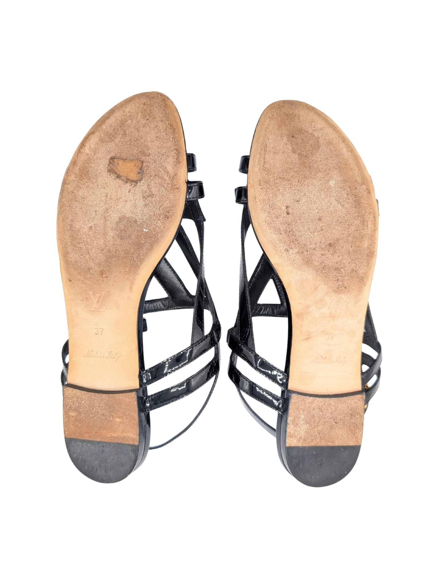 Louis Vuitton 2013 Black Patent LV Logo Crossing Sandals SIze 37