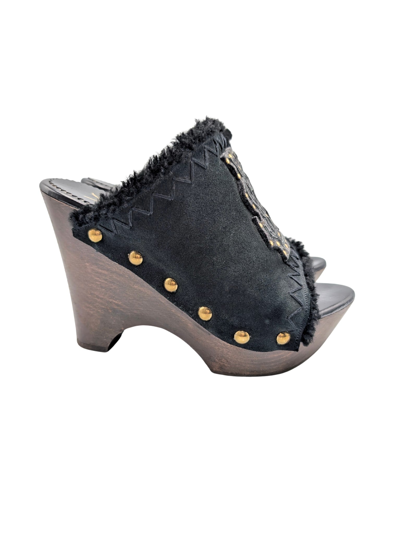 Yves Saint Laurent Black Shearling YSL Studded Platform Wedge Clog Mules Size 37