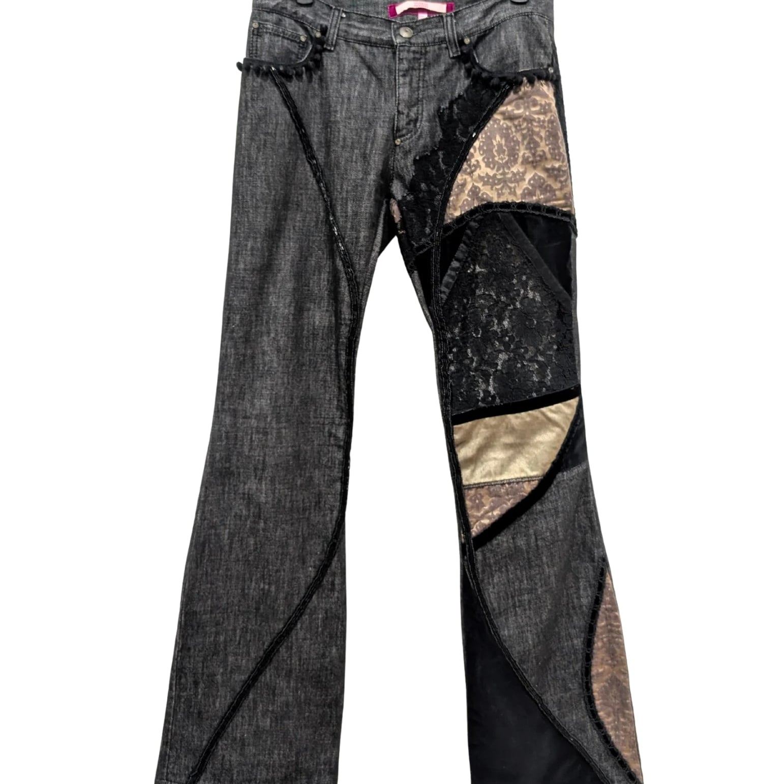 Voyage Passion Black Denim Velvet Lace Patchwork Low Rise Jeans Size 10