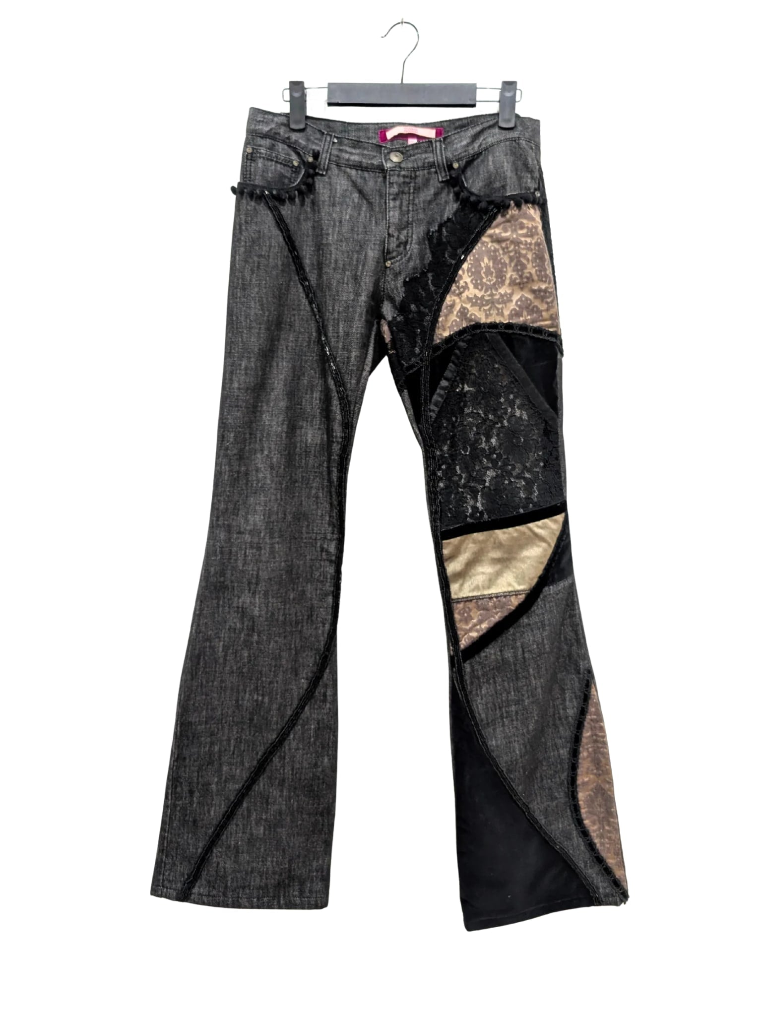 Voyage Passion Black Denim Velvet Lace Patchwork Low Rise Jeans Size 10
