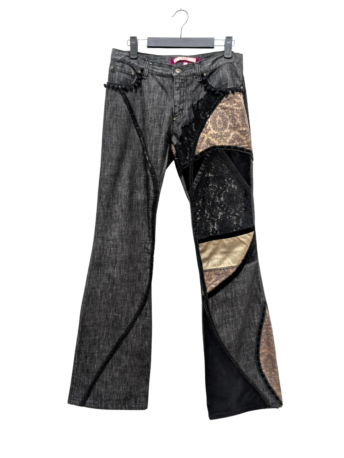 Voyage Passion Black Denim Velvet Lace Patchwork Low Rise Jeans Size 10