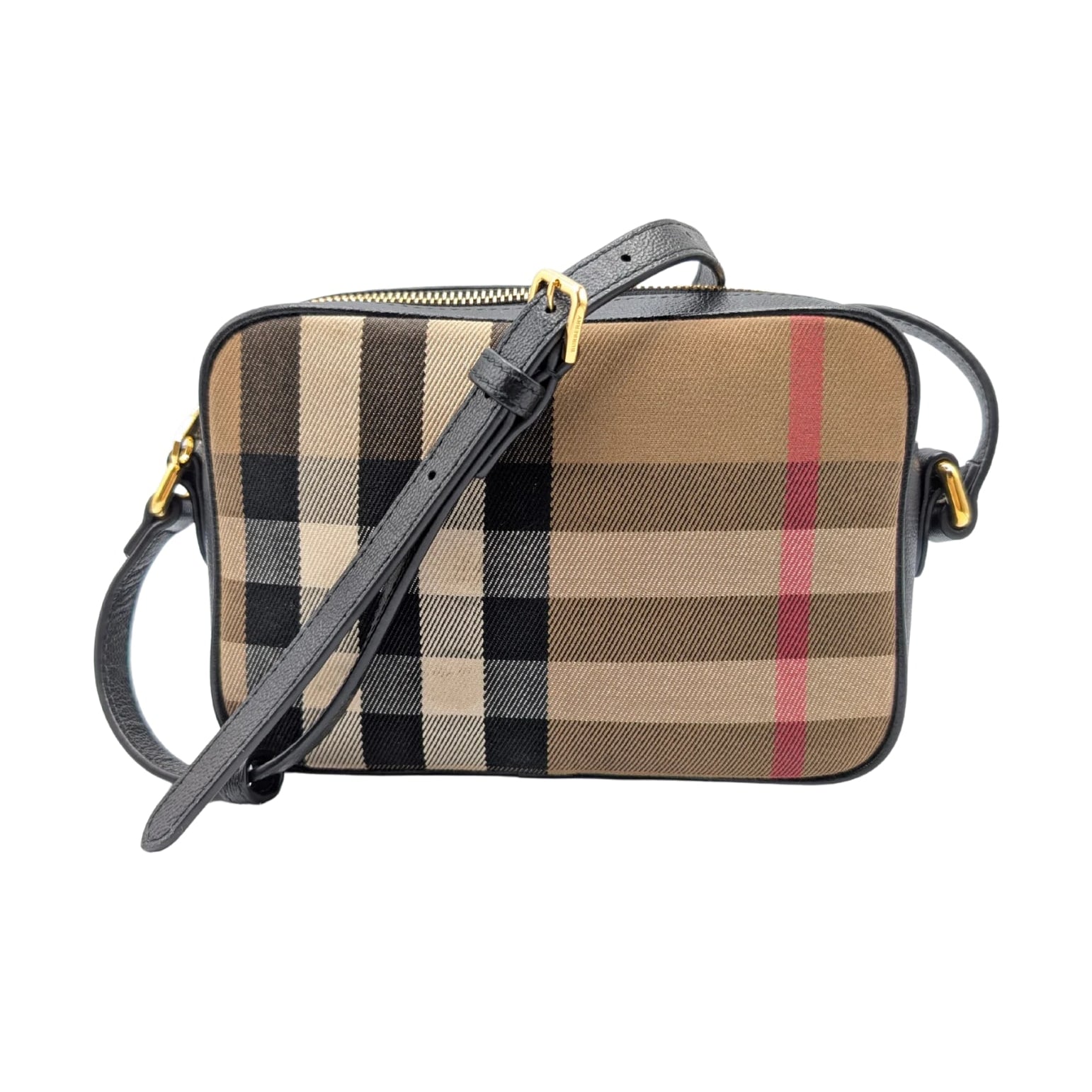 Burberry Check Black Leather Camera Crossbody Bag