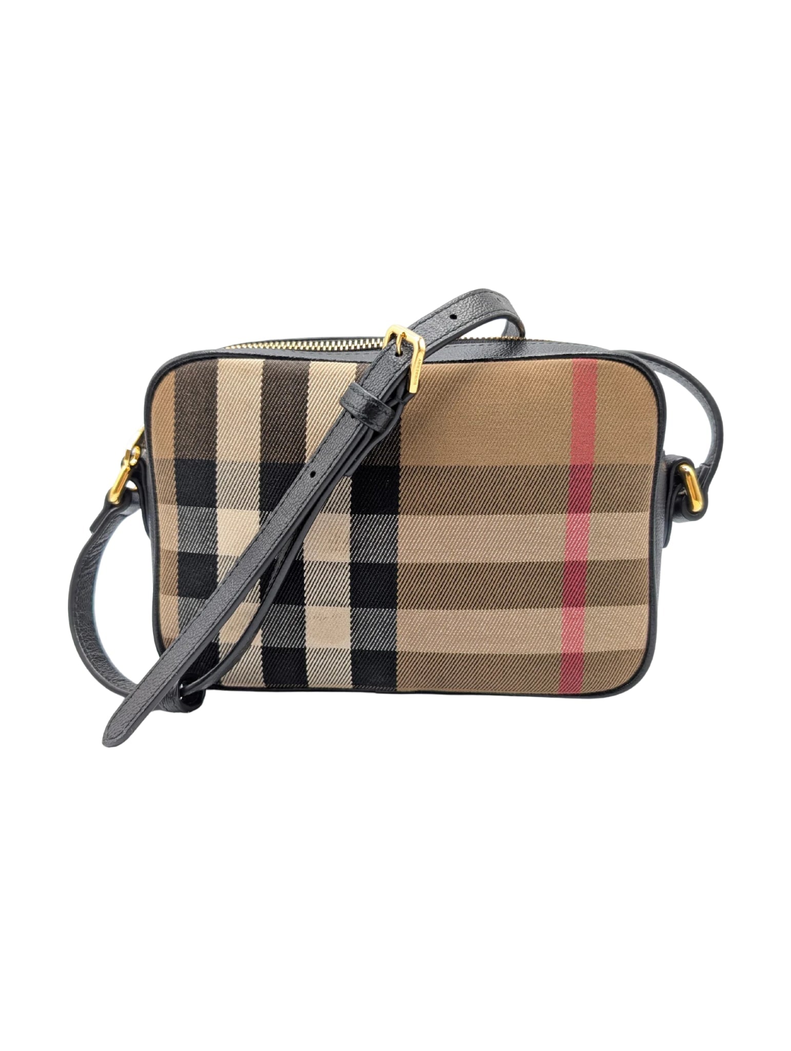 Burberry Check Black Leather Camera Crossbody Bag