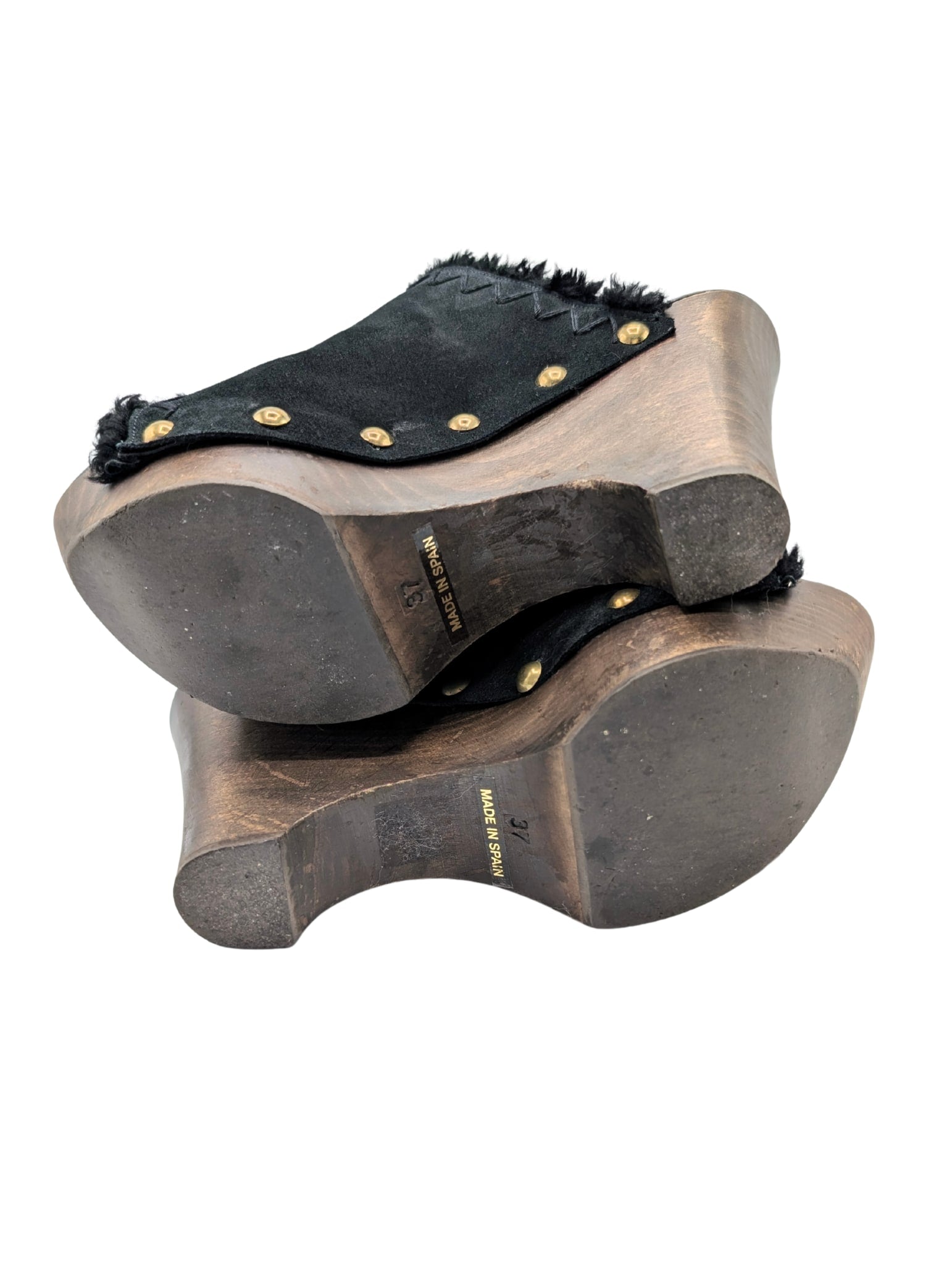 Yves Saint Laurent Black Shearling YSL Studded Platform Wedge Clog Mules Size 37