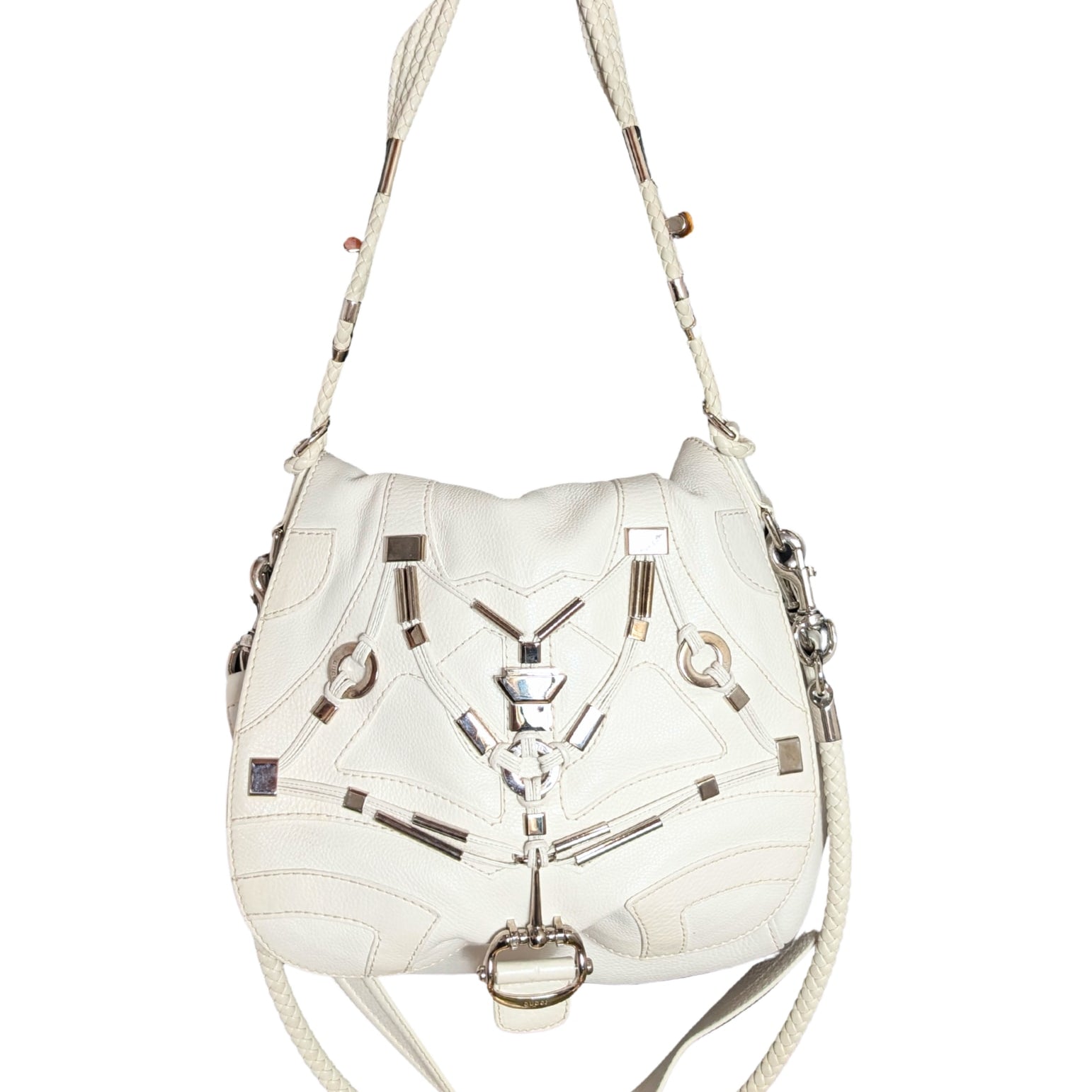 Gucci Spring 2010 Cream Leather Bamboo Braided Techno Horsebit Flap Shoulder Bag