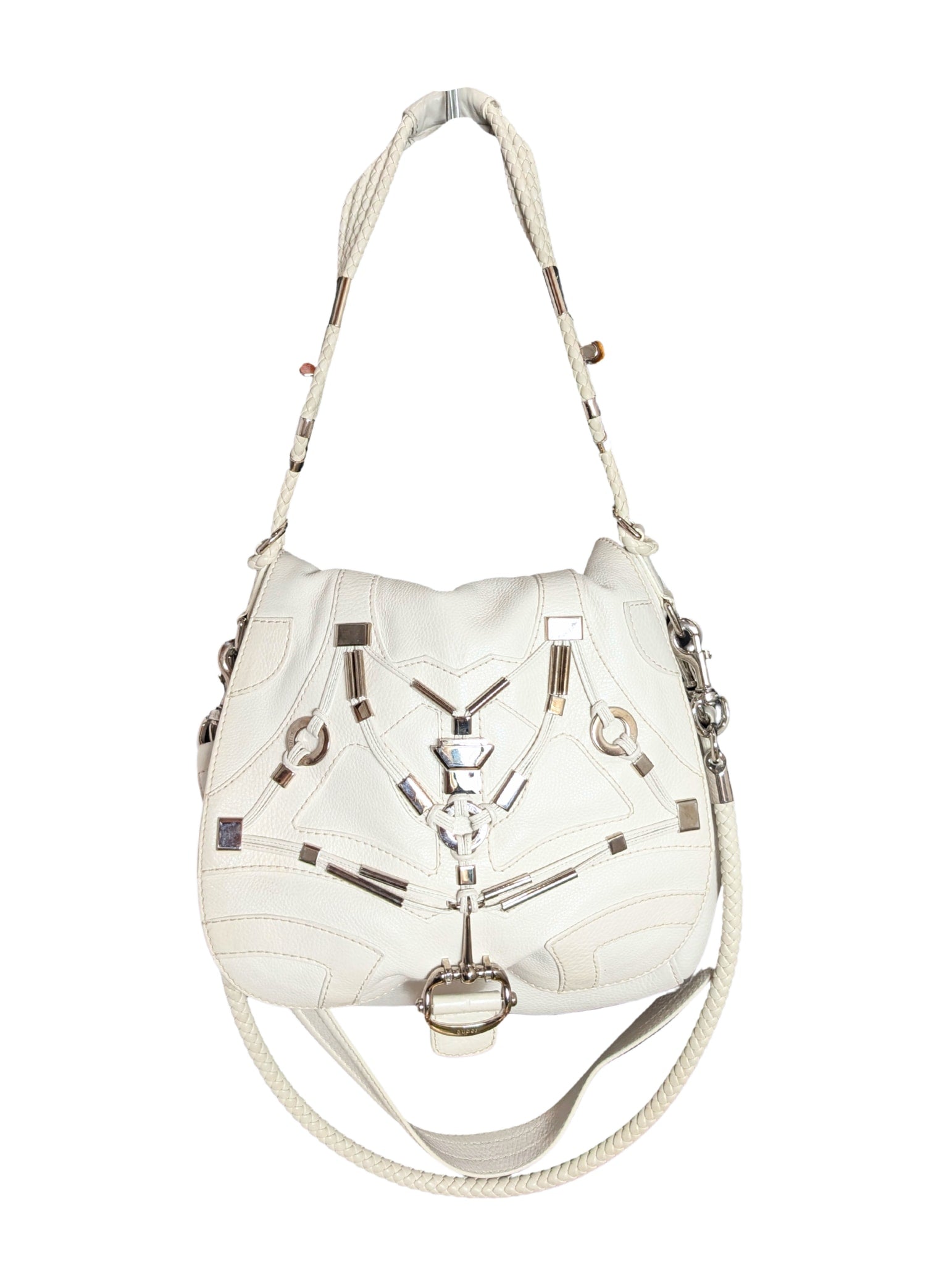 Gucci Spring 2010 Cream Leather Bamboo Braided Techno Horsebit Flap Shoulder Bag