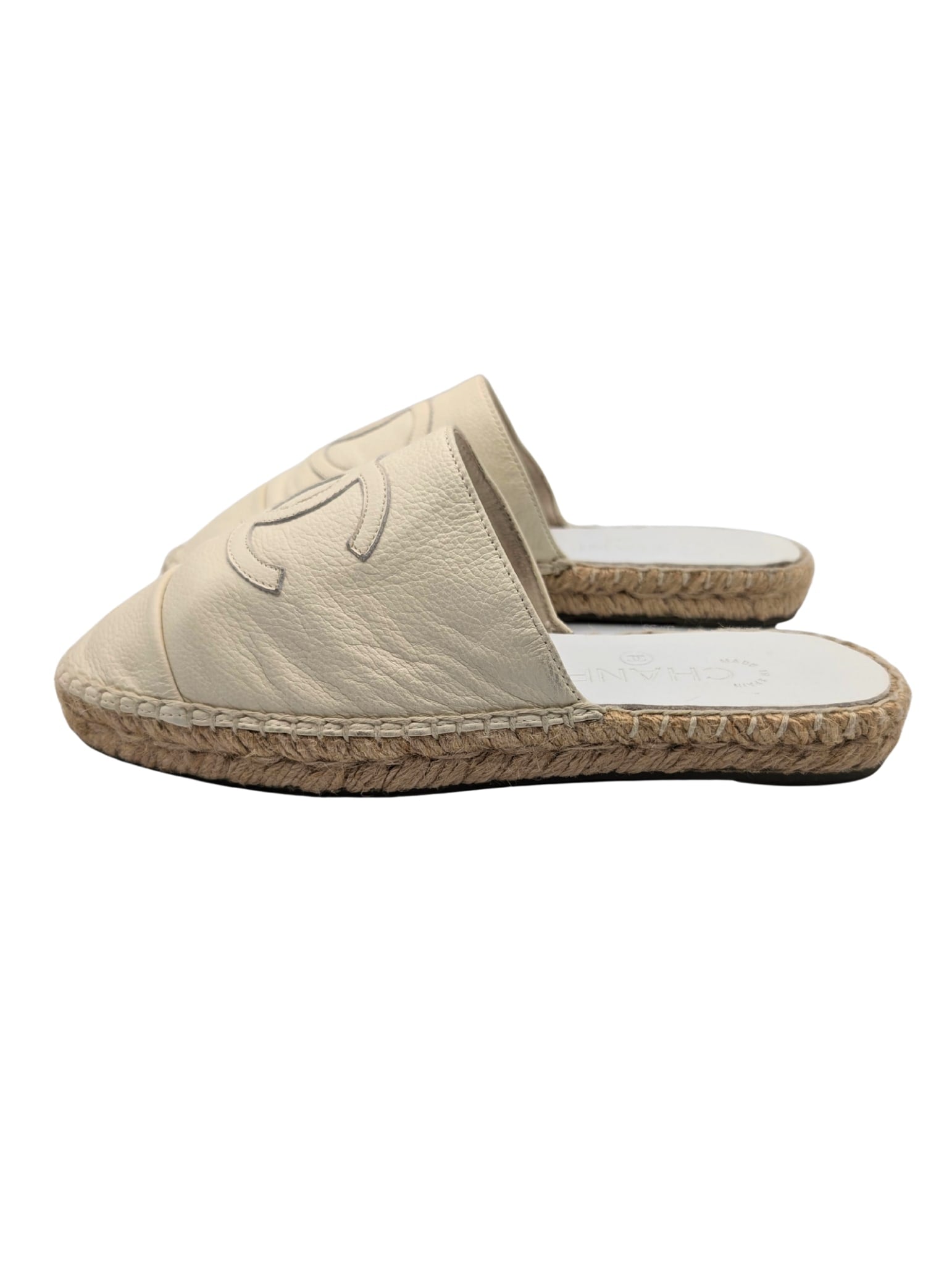 Chanel Cream Leather Espadrille Mules Size 37