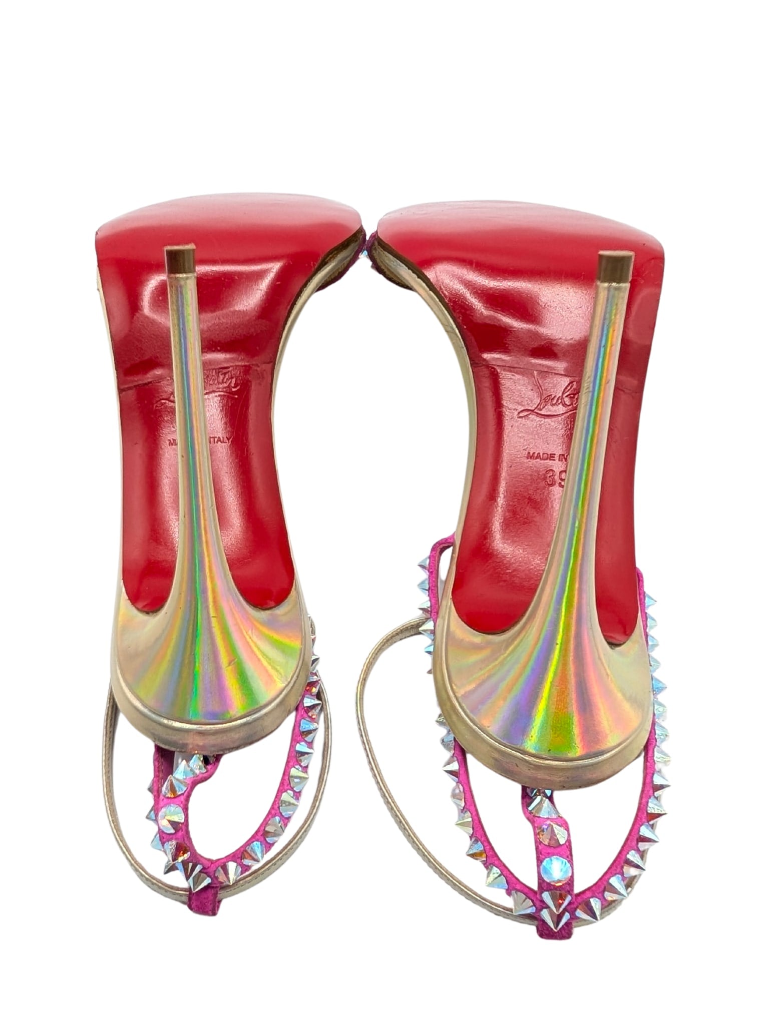 Christian Louboutin So You Iridescent Fuchsia Spike Sandal Heels Size 39