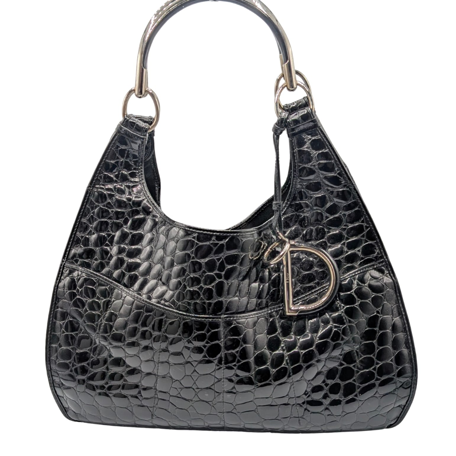 Christian Dior Black Patent Crocodile Embossed 61 Shoulder Bag