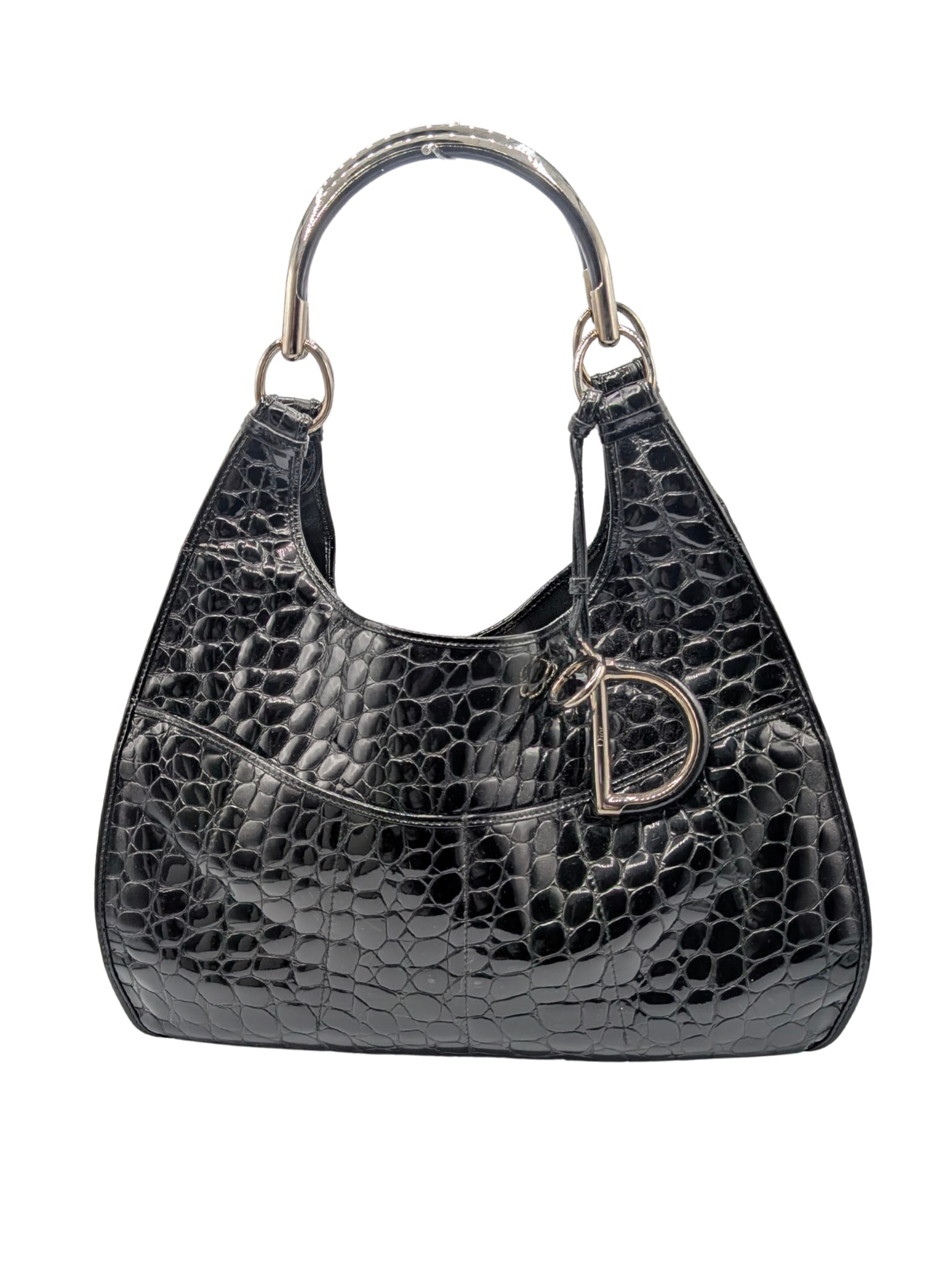 Christian Dior Black Patent Crocodile Embossed 61 Shoulder Bag