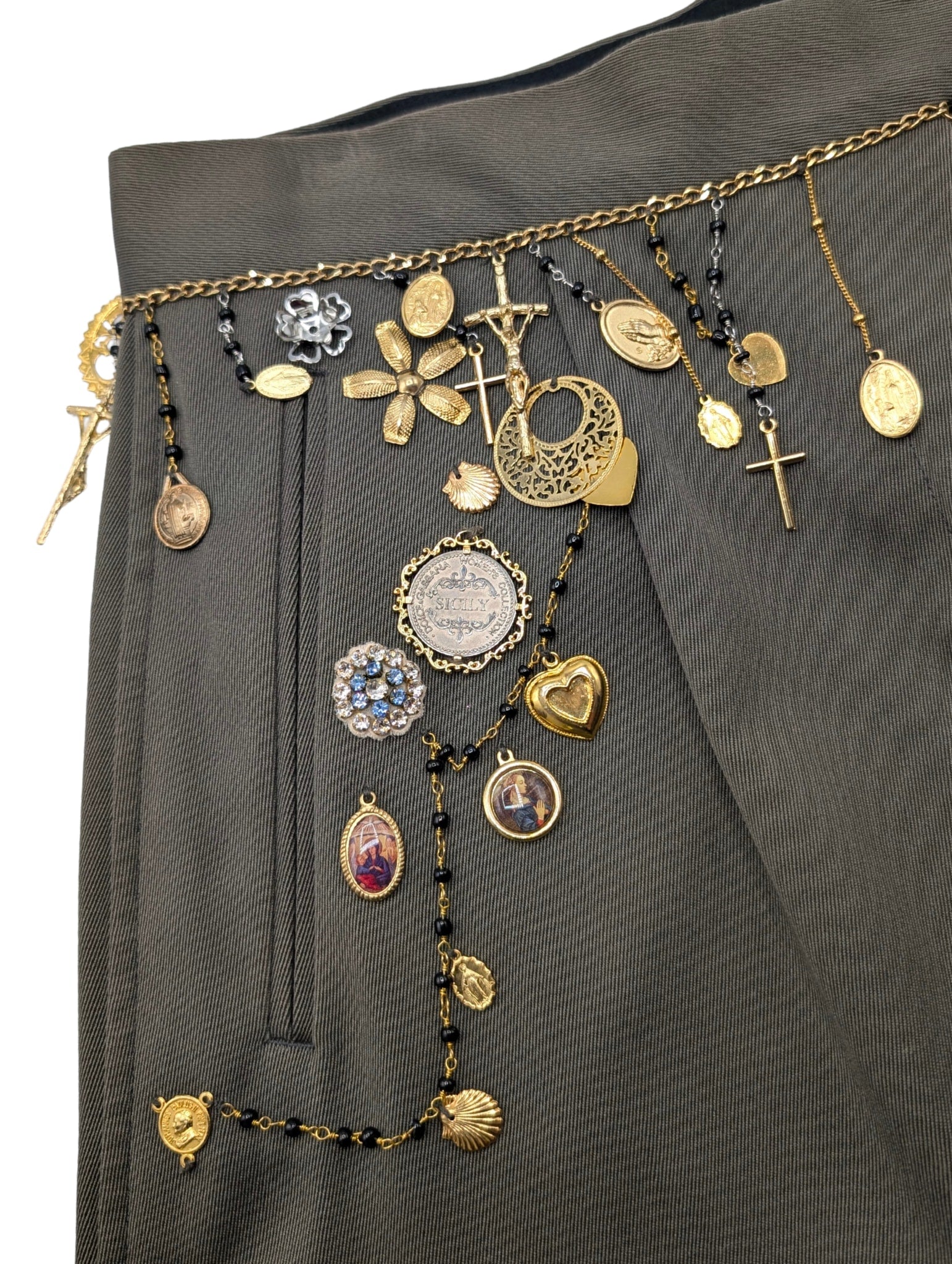 Dolce & Gabbana Spring 2017 Olive Green Charm Chain Embellished Jodhpur Harem Pants Size 28