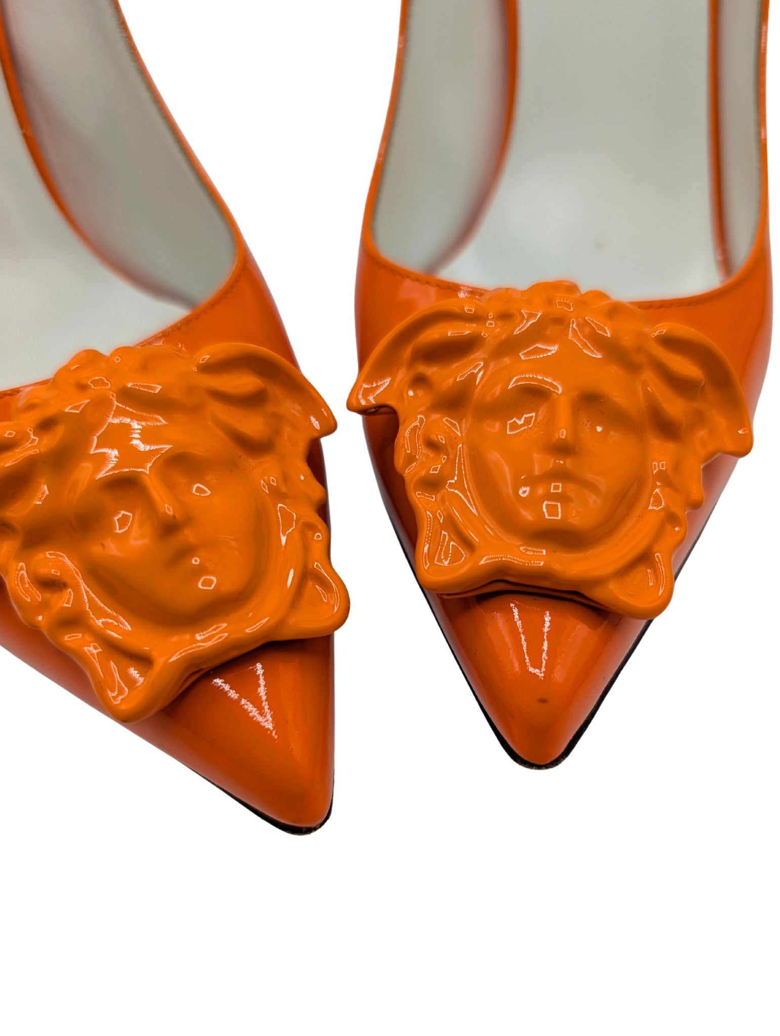 Versace Orange Patent La Medusa Pointed Pumps Size 37.5 Spring 2021